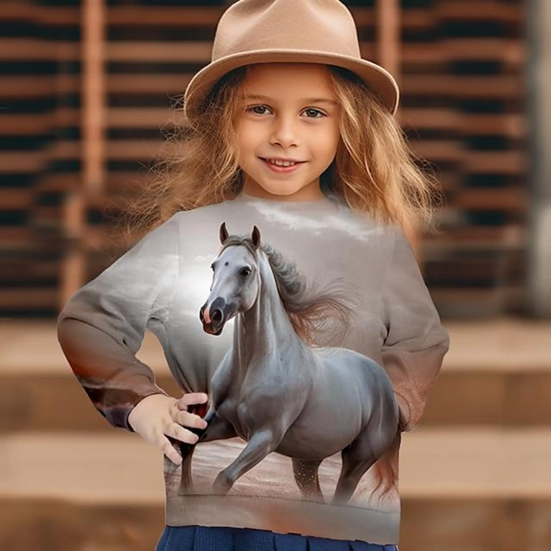 Chica 3D Graphic Animal Caballo Sudadera Manga Larga Impresión 3D Verano Otoño Moda Ropa de calle Adorable Poliéster Niños 3-12 años Exterior Casual Diario Ajuste regular