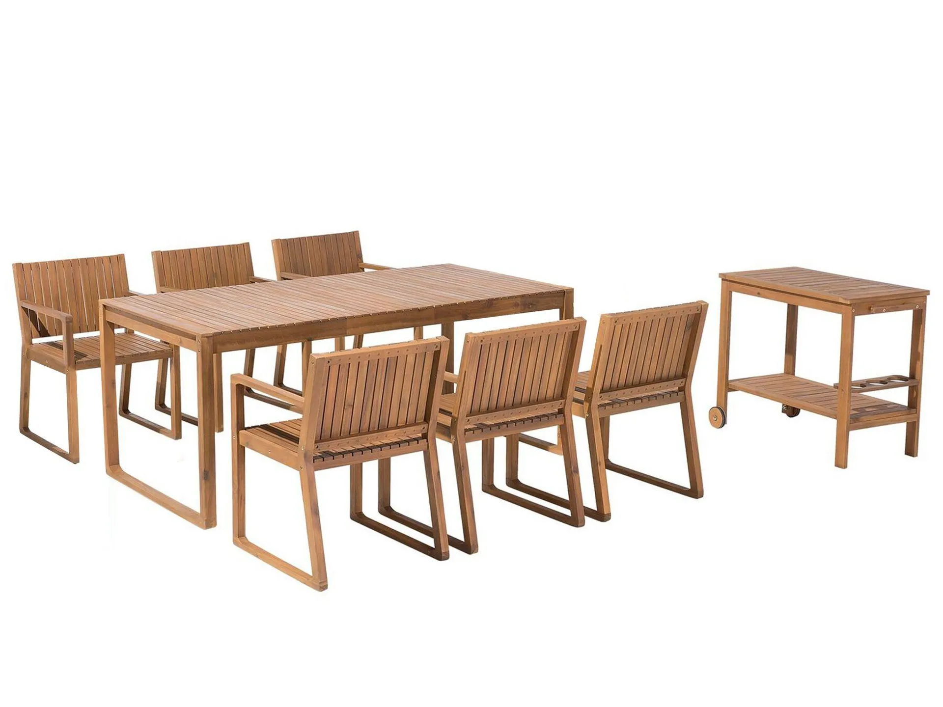 Conjunto de comedor 6 plazas de madera de acacia clara con carrito de cocina SASSARI