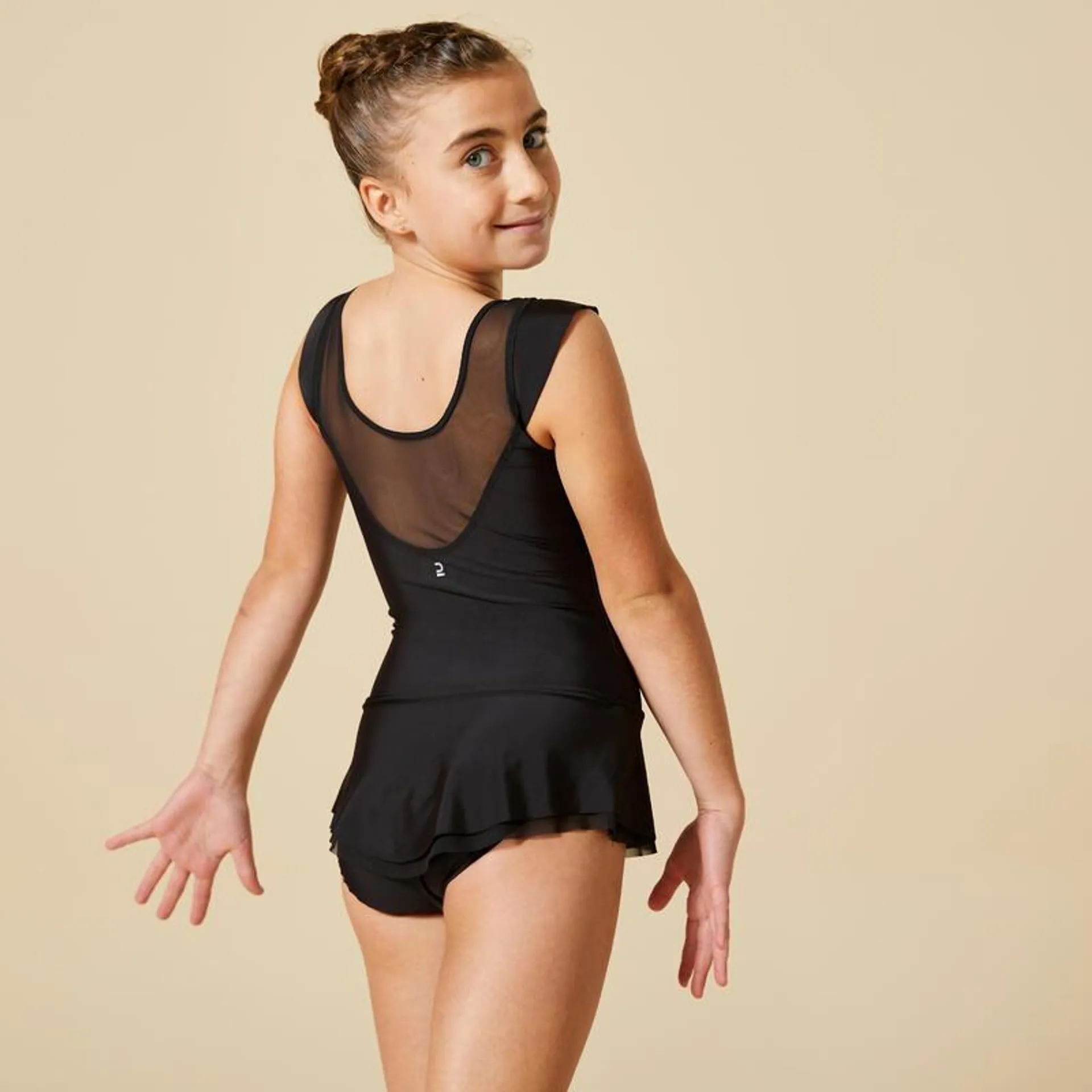 Maillot Gimnasia Rítmica Niña Negro Cristales Brillantes Faldita Sin Mangas