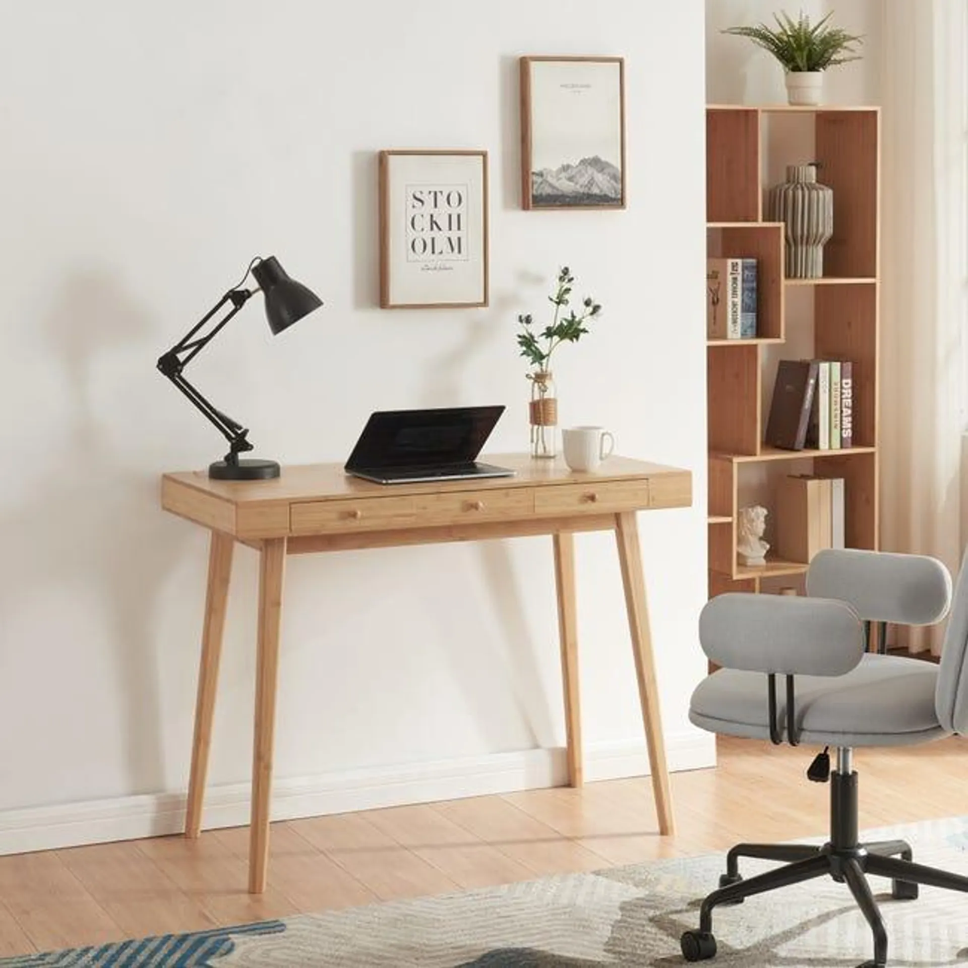 Escritorio Hässleholm con 3 cajones bambú 100x50x75cm - Natural [en.casa]