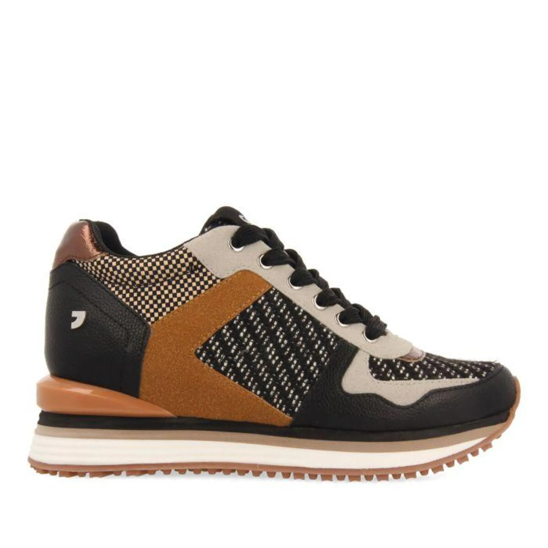 Sonlez women's brown sneakers with inner wedges, featuring different textures and pieces in black, white and copper