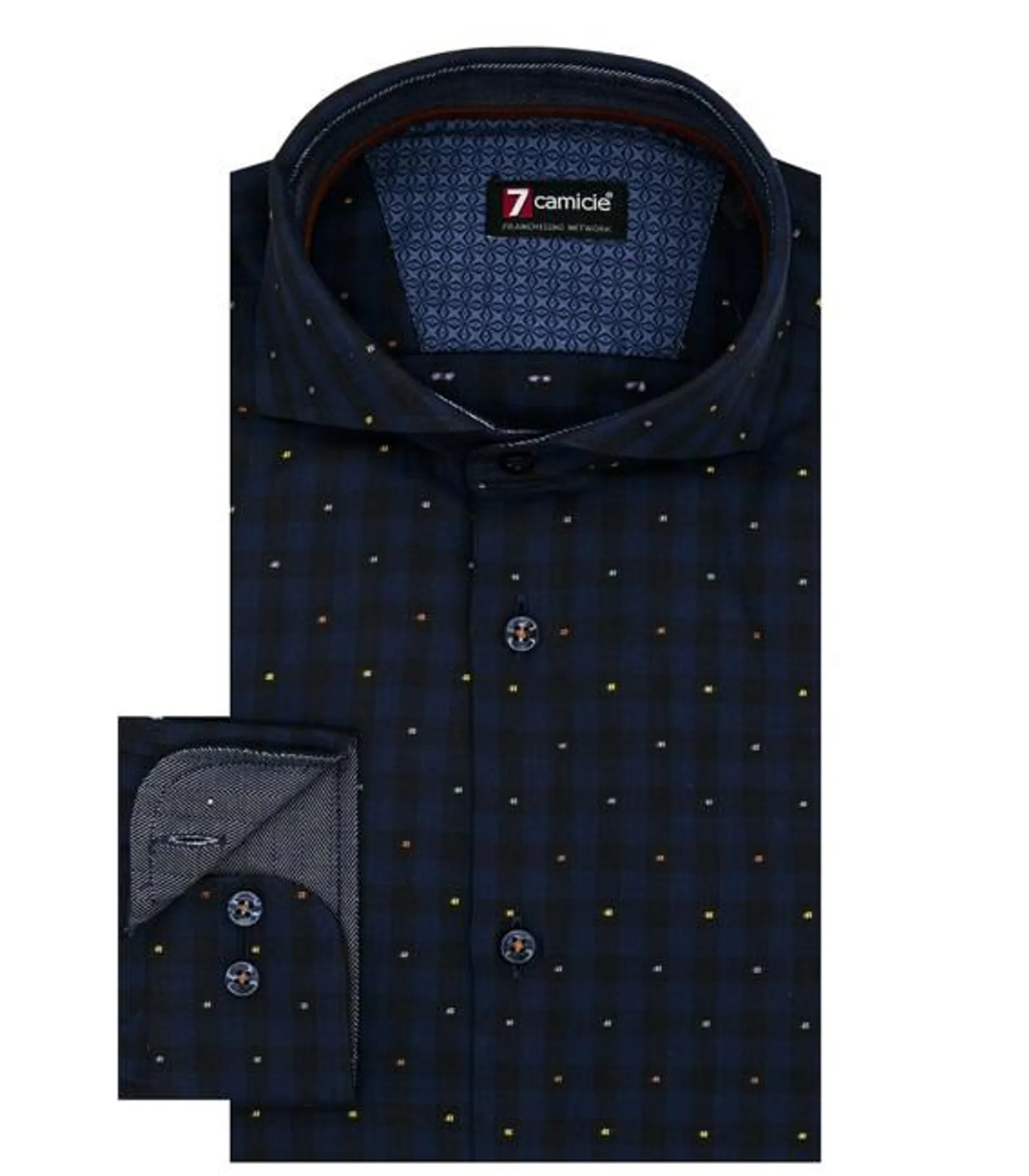 Camisa Hombre 1 Botón Cuello Francés Slim Superoxford Jacquard Azul Oscuro y Azul