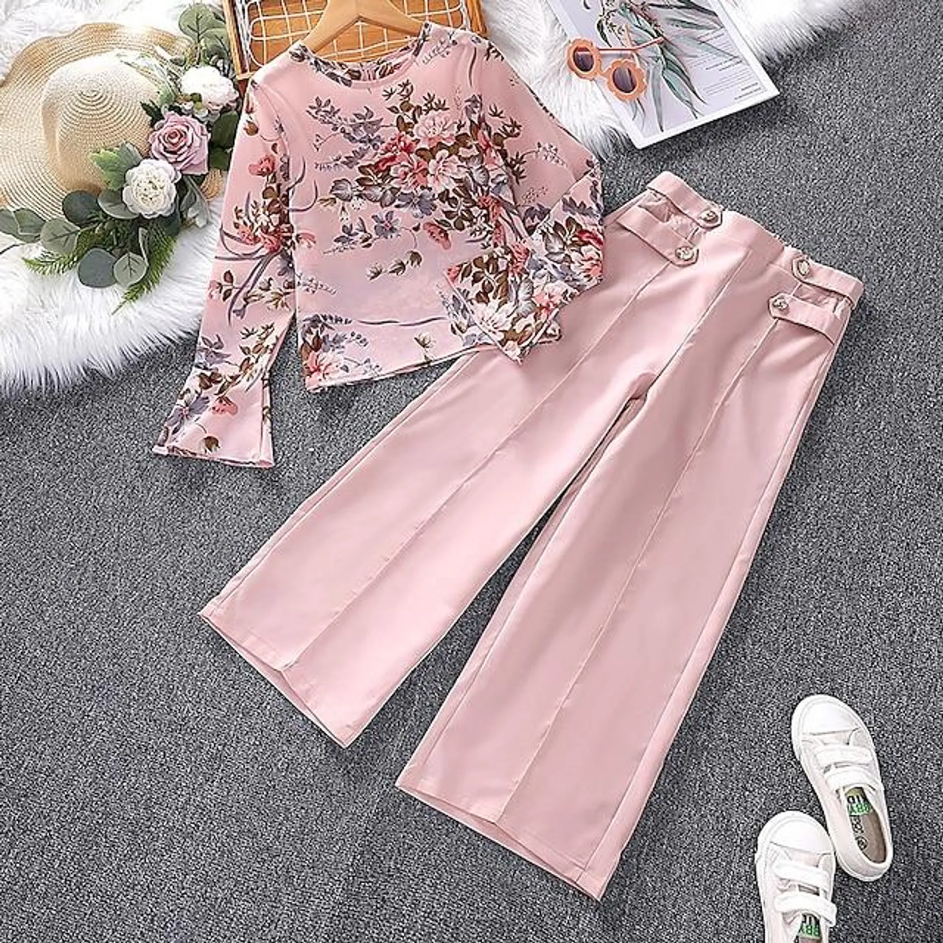 2 Piezas Niños Chica Floral Cuello redondo Camisa y Pantalones Conjunto Manga Larga Moda Exterior 7-13 años Verano Rosa