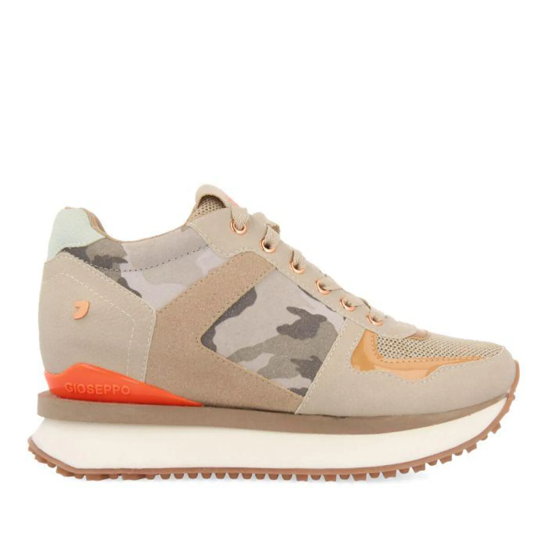 Welscheid women's camouflage sneakers with inner wedges, featuring orange, gold, beige and mint green
