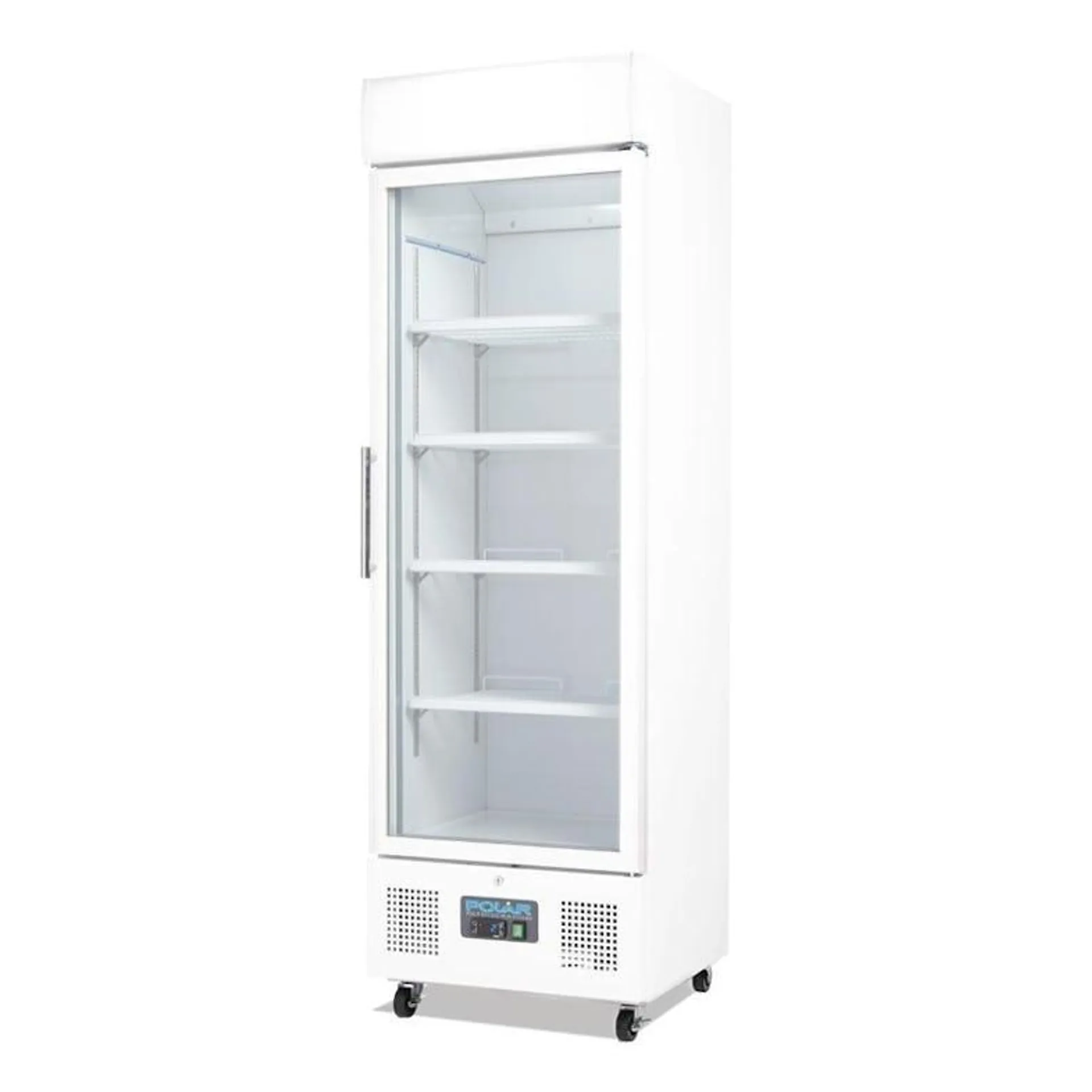 Frigorífico expositor para bebidas con panel iluminado, blanco, con puerta de vidrio, con cerradura, Polar 368L DM076