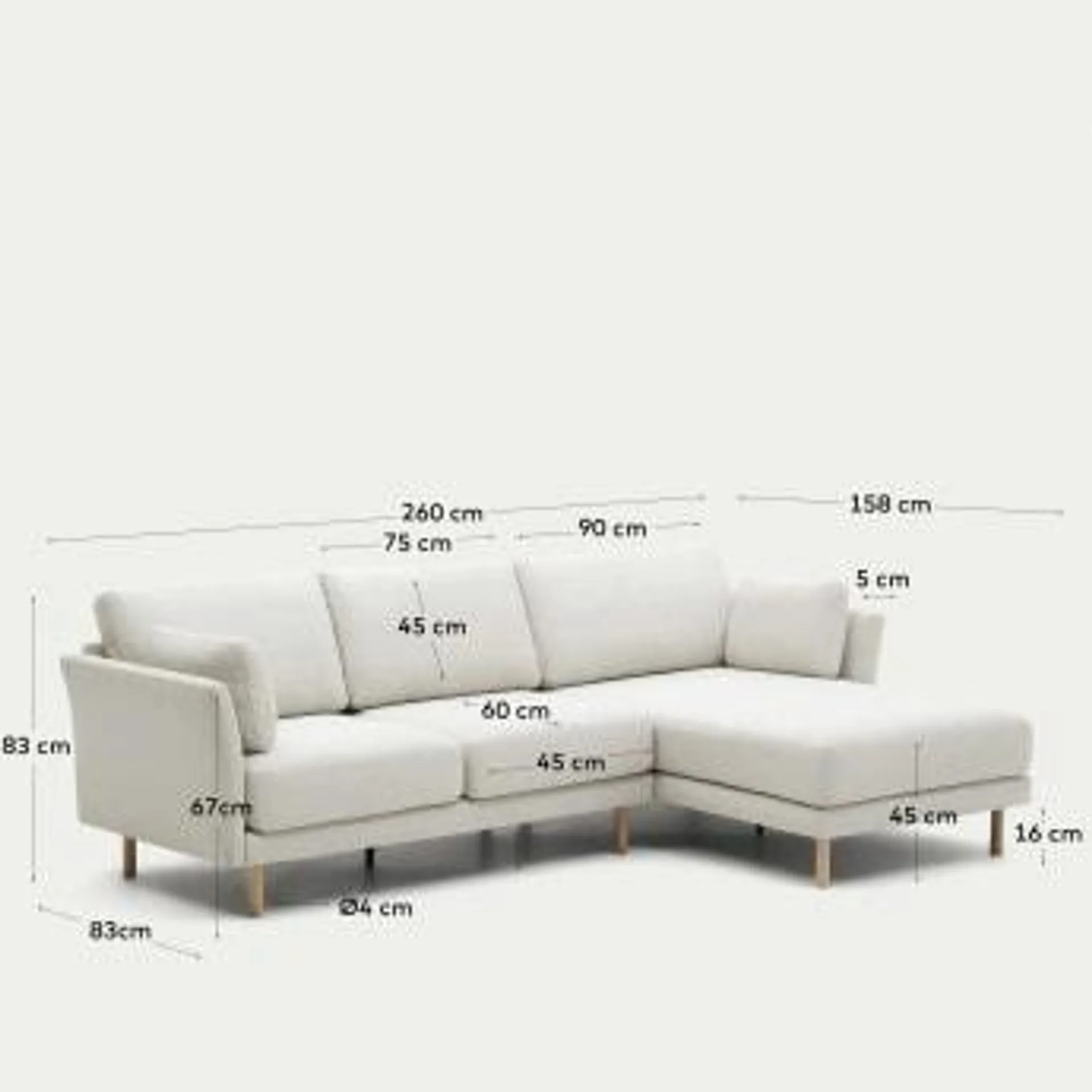 Sofá Gilma 3 plazas chenilla chaise longue derecho/izquierdo perla y patas natural 260 cm