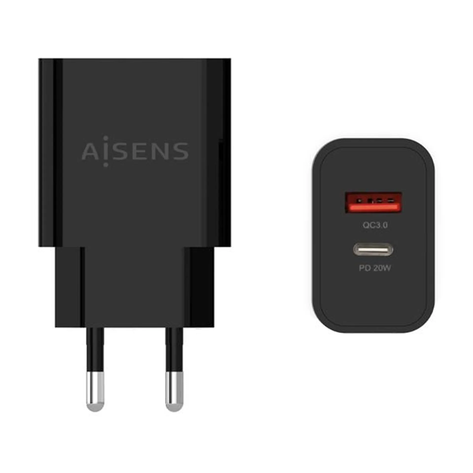 CARGADOR AISENS 20W 1XUSB-C PD3.0 1XUSB-A QC3.0 NEGRO