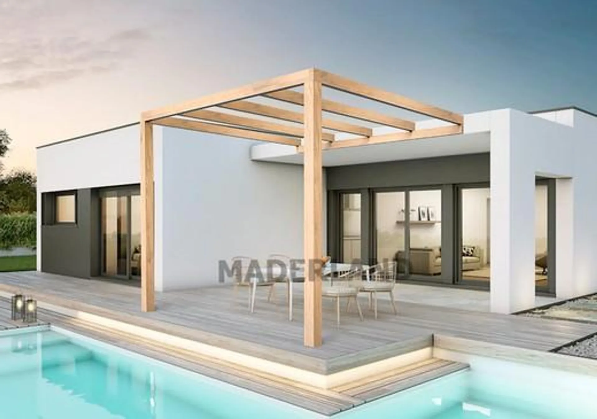 Pergola Adosada de madera Laminada BURGOS. Madera Laminada GL24h, que aguantan mucho mejor el paso del tiempo sin deformarse ni agrietarse.