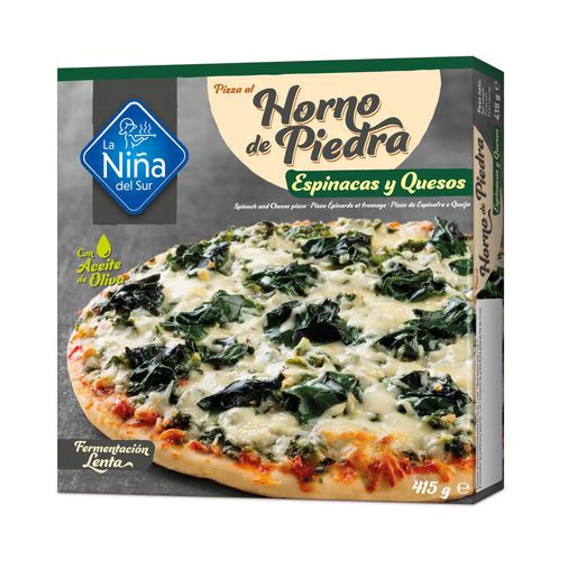 LA NIÑA DEL SUR Pizza de espinacas con un toque de ajo y queso hecha al horno de piedra 415 g.