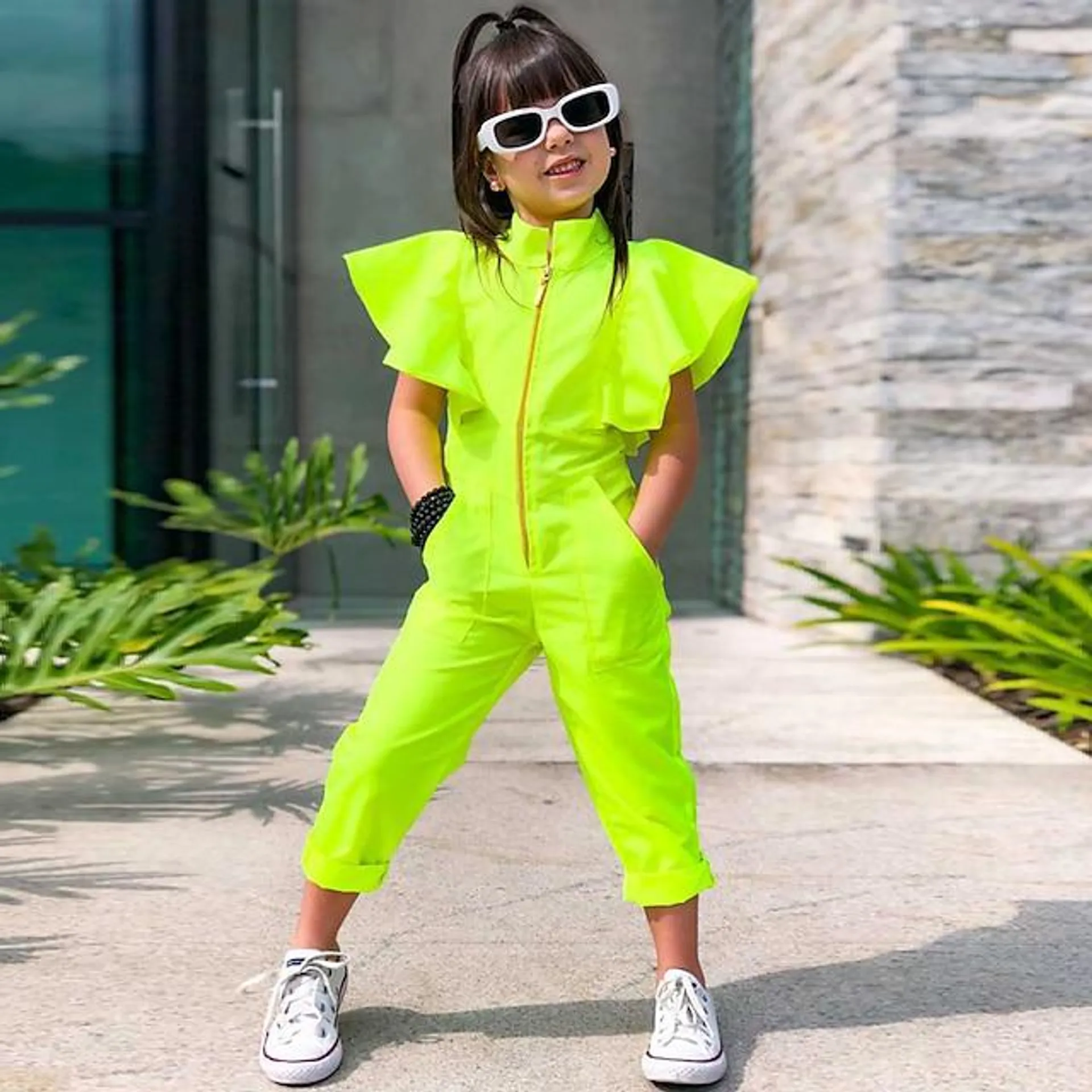 Niños Chica Mono Color sólido Activo Exterior 3-7 años Otoño verde fluorescente Naranja