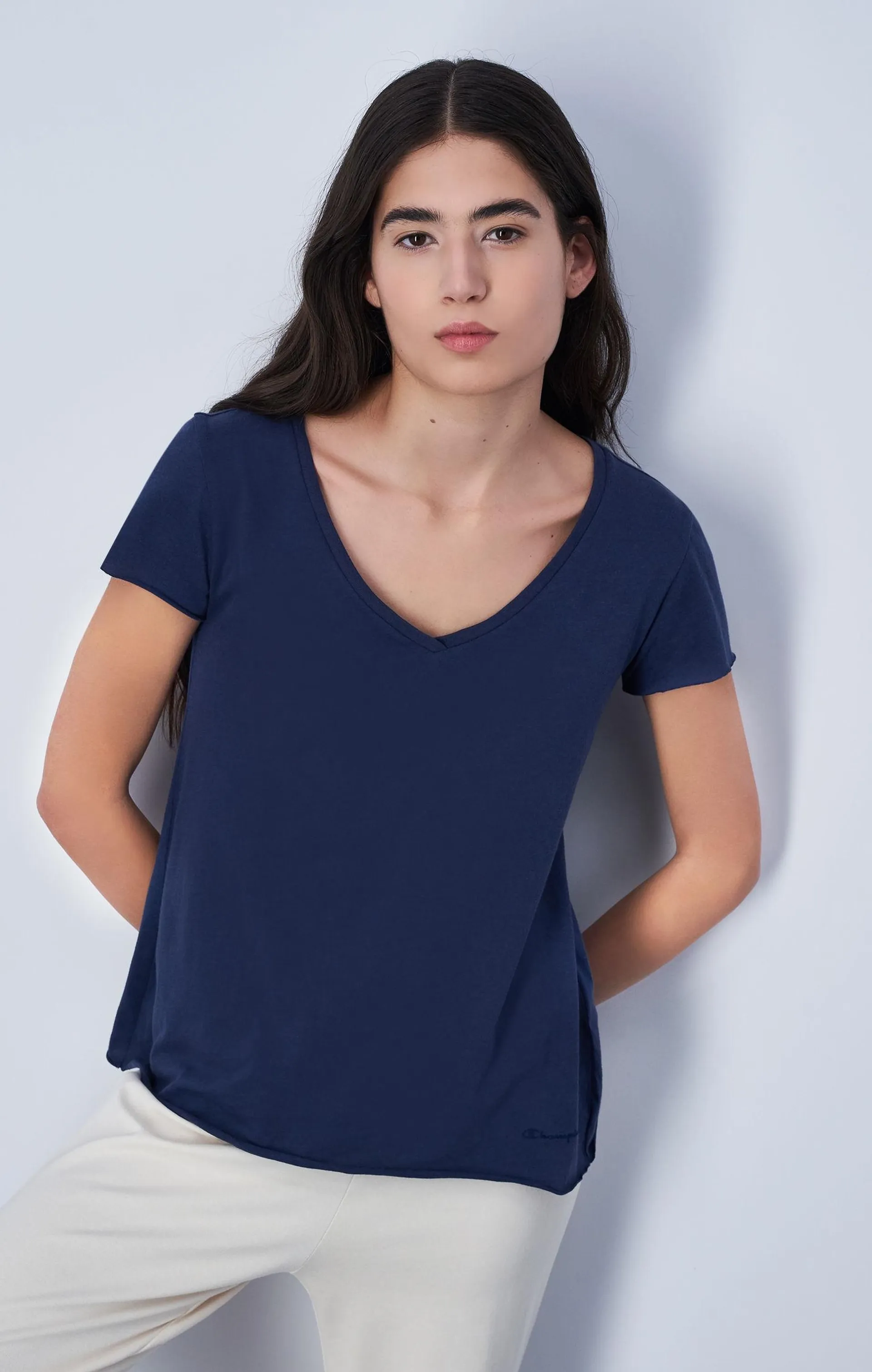 Camiseta de algodón evasé con cuello de pico