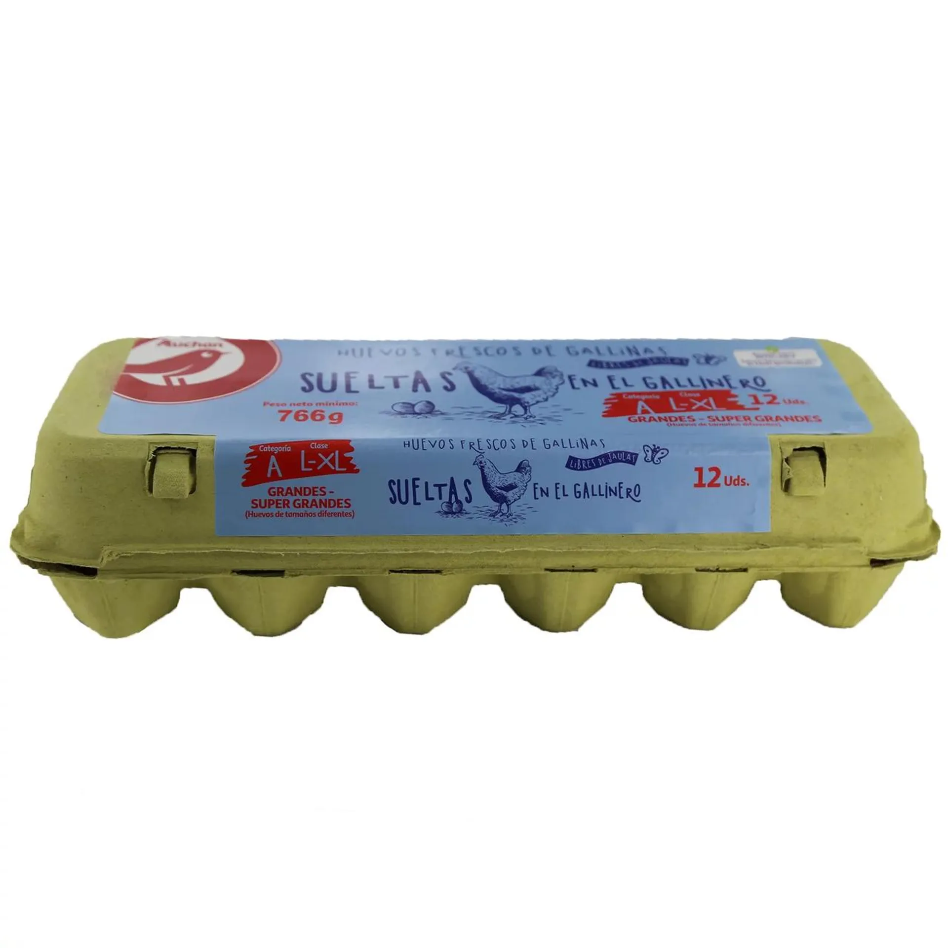 AUCHAN Huevos de gallinas sueltas en el gallinero clase L - XL y cat. A 12 uds. Producto Alcampo