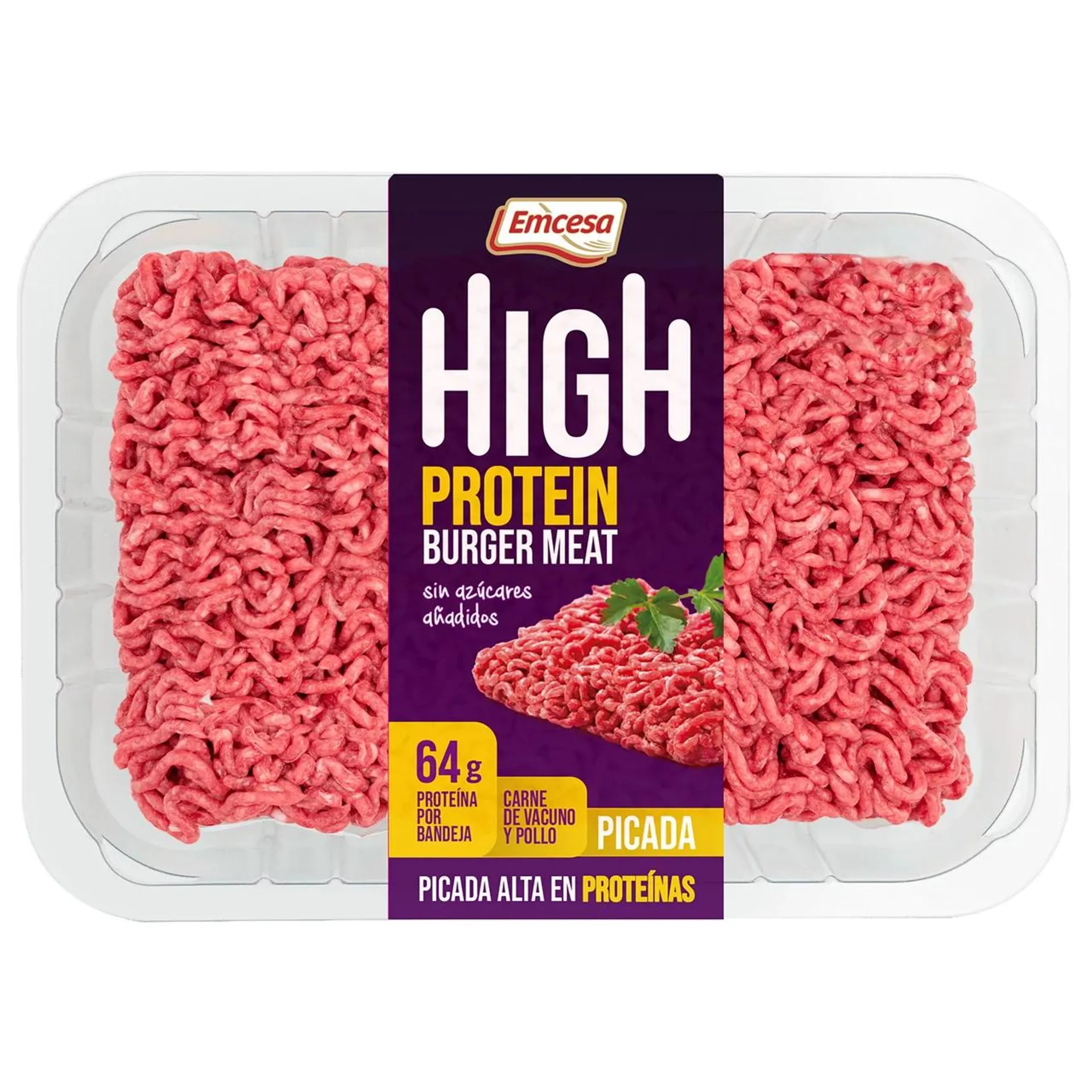 EMCESA High protein Preparado carne picada (burger meat) mixta (vacuno-pollo) con alto contenido en proteínas 400 g.