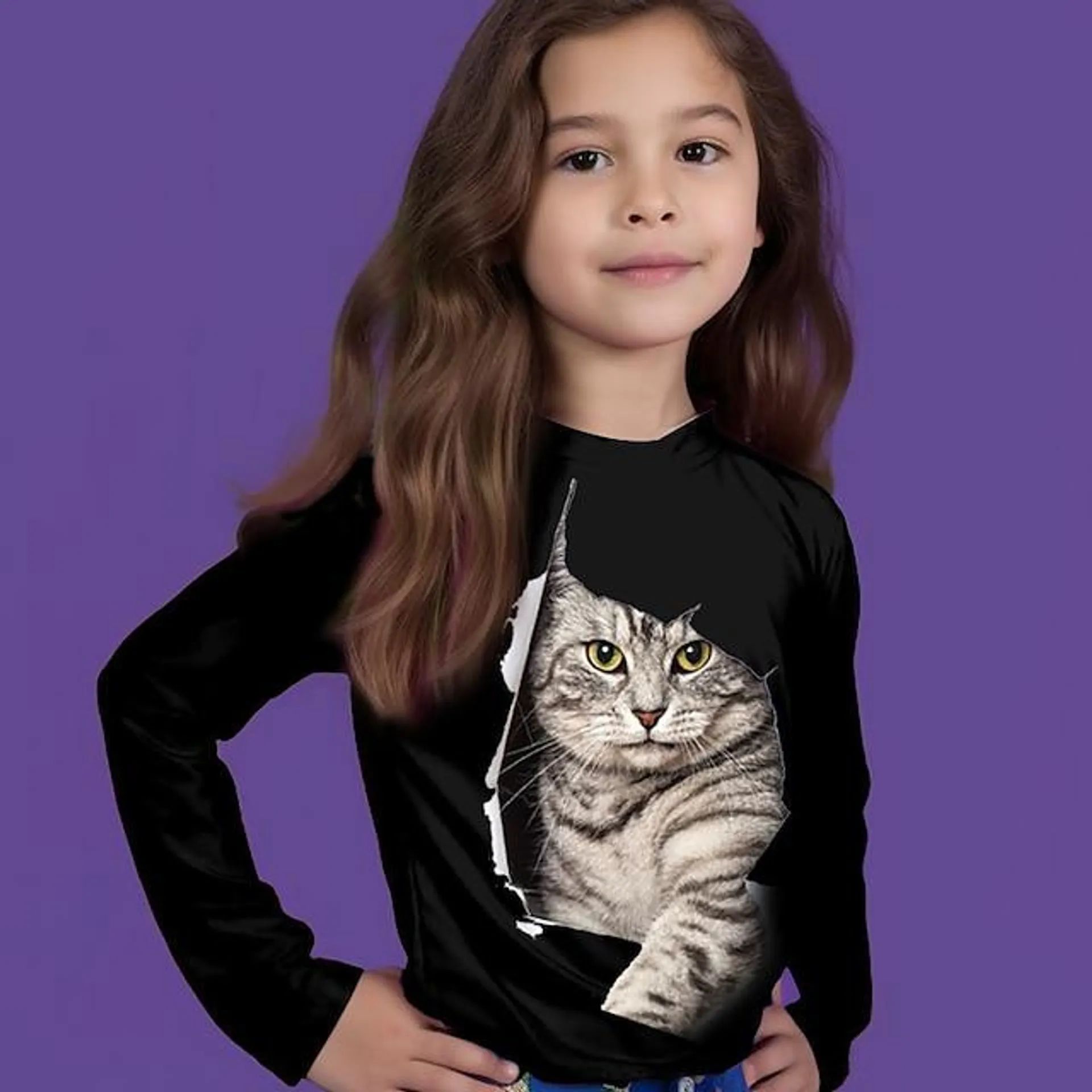 Chica 3D Graphic Caricatura Gato Camiseta Manga Larga Impresión 3D Verano Primavera Otoño Activo Moda Estilo lindo Poliéster Niños 3-12 años Exterior Casual Diario Ajuste regular