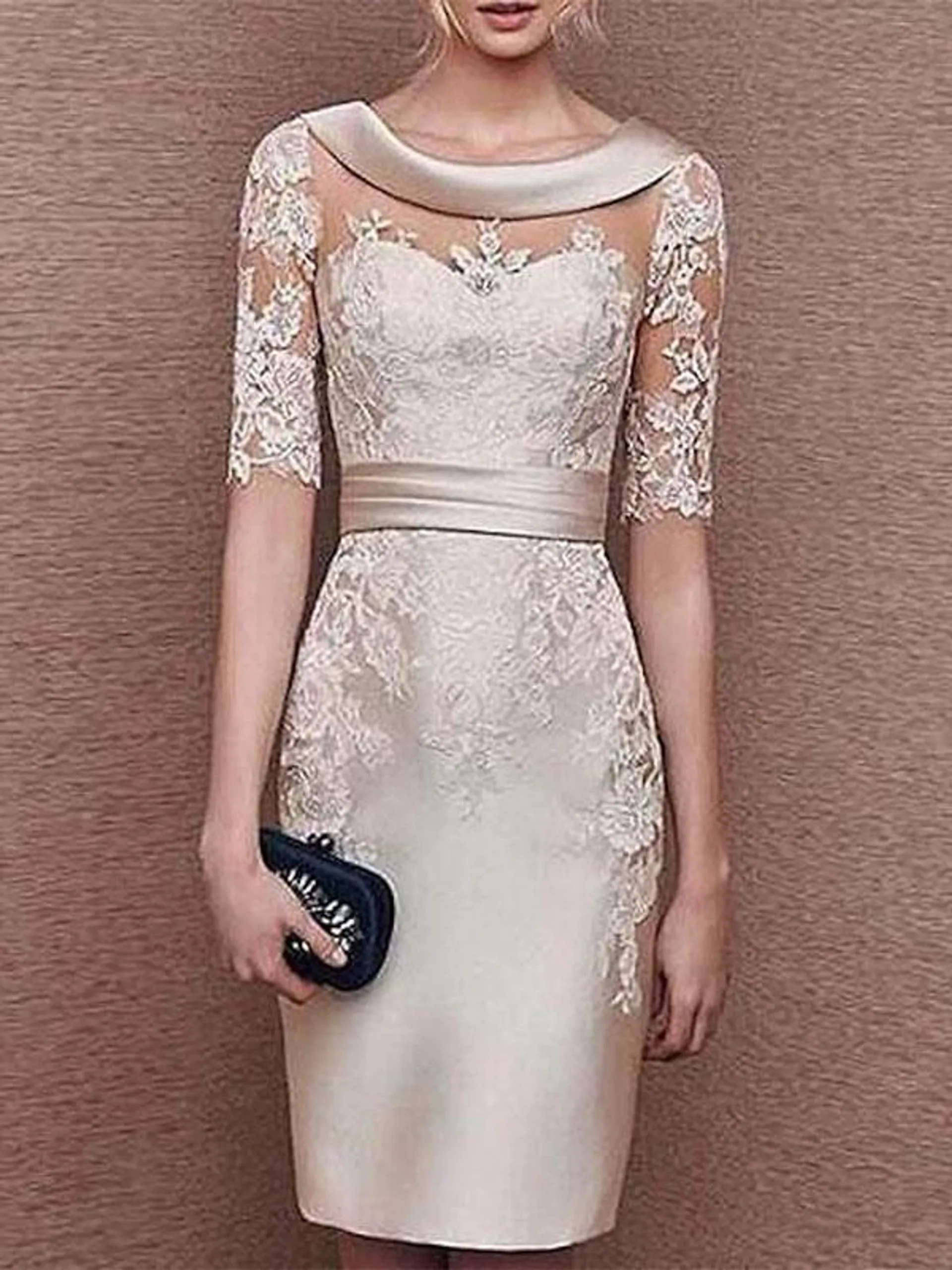 Vestido nupcial para madre cuello joya medias mangas encaje longitud hasta el té vestidos de invitados para boda personalización gratuita