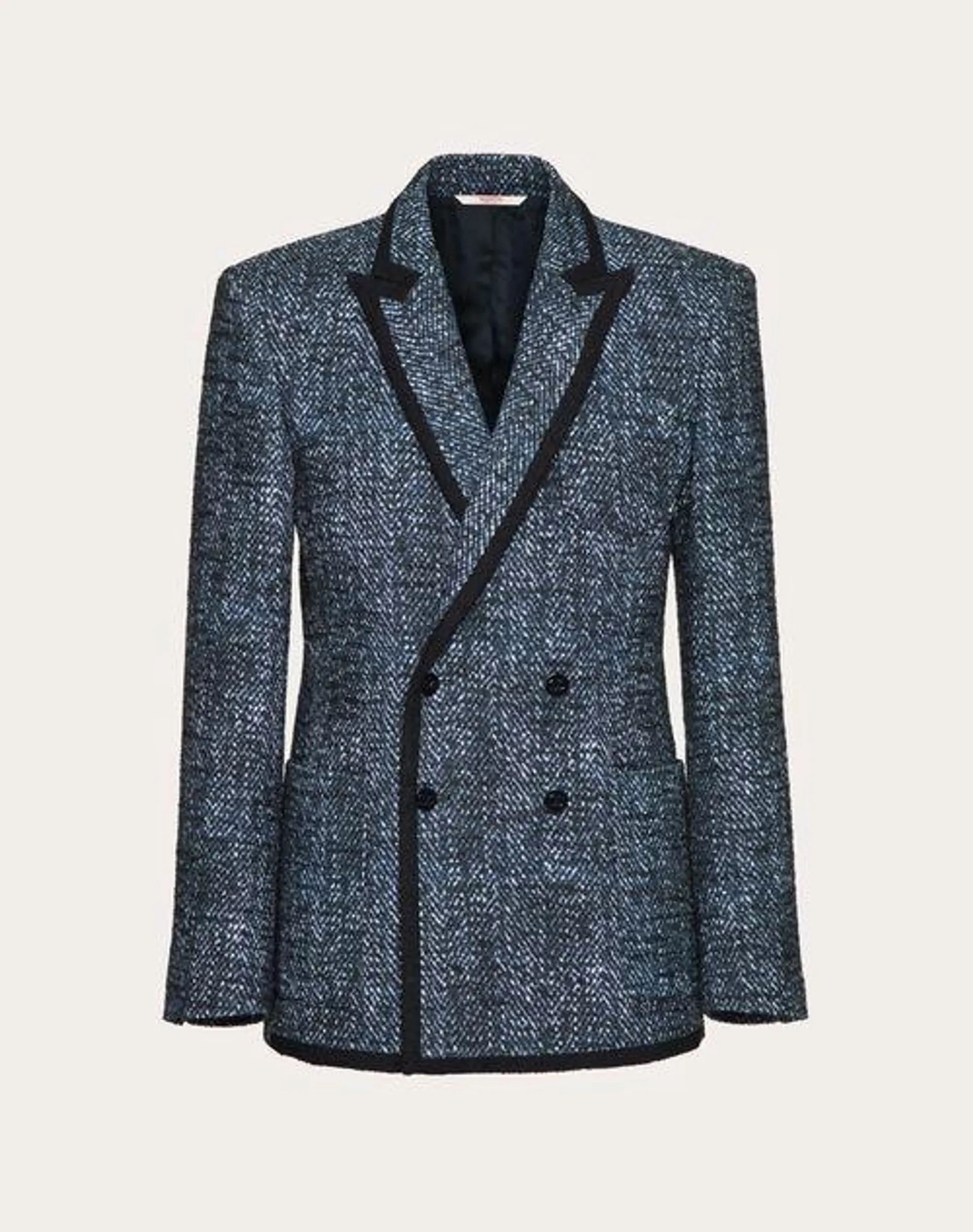 CHAQUETA DE TWEED DE ALGODÓN Y VISCOSA CON FRENTE CRUZADO Y ESTAMPADO DE MICROCHEVRON