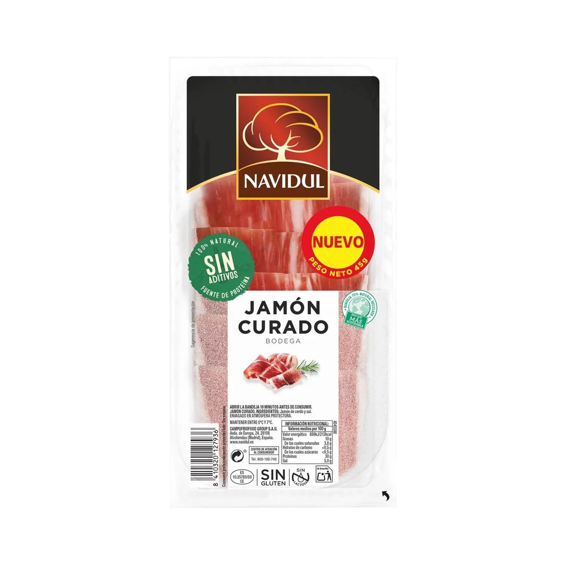 NAVIDUL Jamón curado bodega, elaborado sin gluten ni lactosa y cortado en lonchas 45 g.