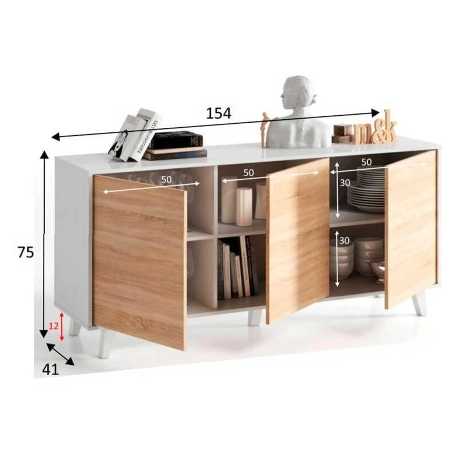 Aparador Buffet Stylus Plus 3 puertas blanco brillo/roble Canadian 75x154x41 cm