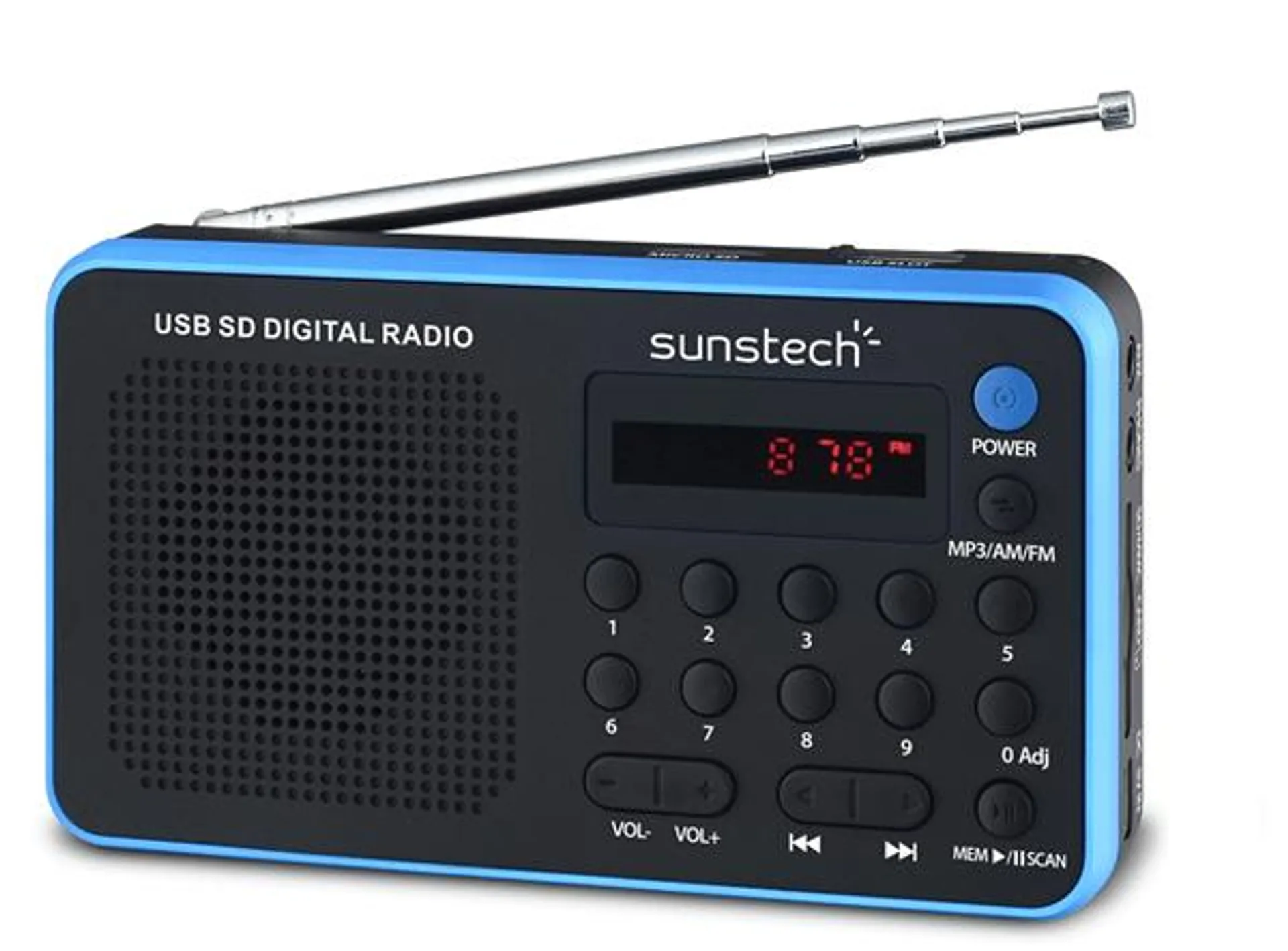 RADIO PORTA TIL SUNSTECH AM FM 70 PRESINTONIAS ALTAVOZ 1.4W RMS SD USB AUX-IN AZUL RPDS32BL