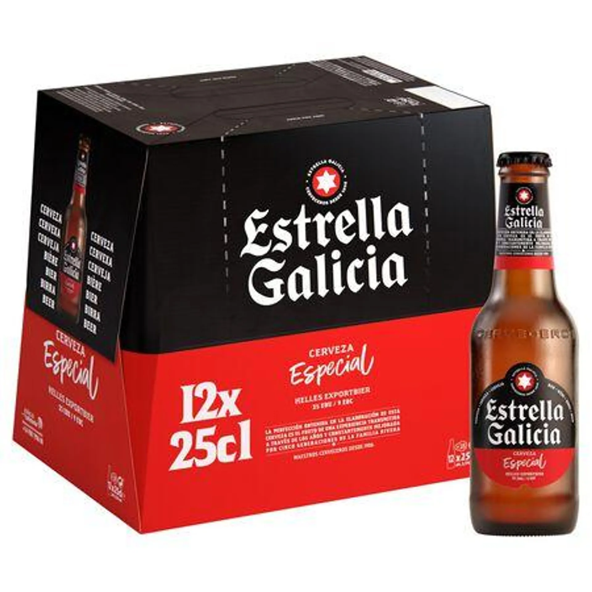 Cerveza rubia especial Estrella Galicia pack 12 botellas 25cl