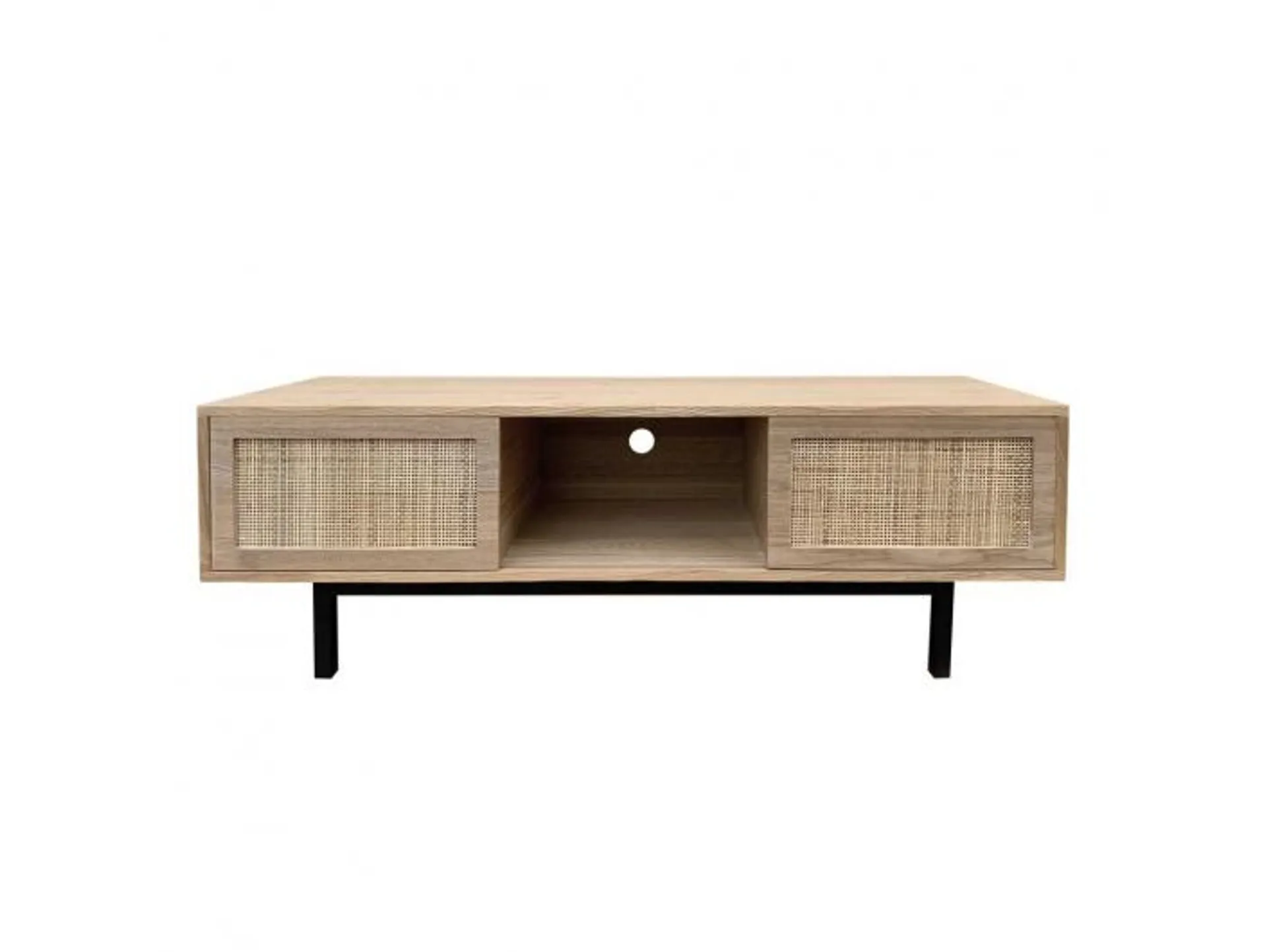 Mueble TV con 2 puertas y 1 hueco en madera con frontal ratán y patas metálicas negras