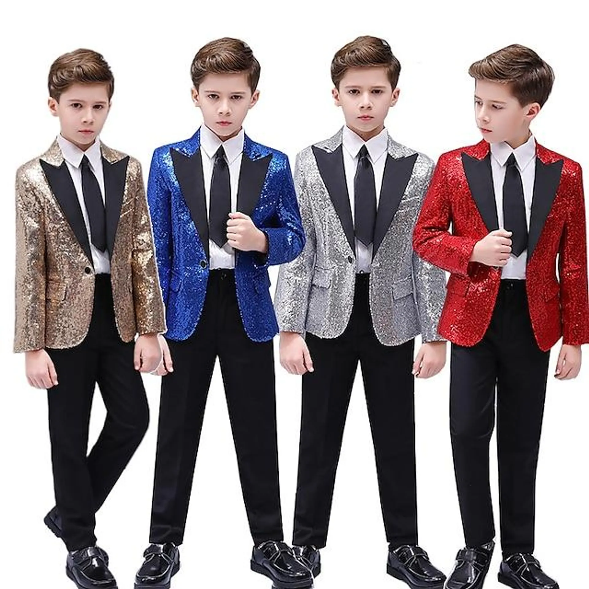 Niños Chico Traje y chaqueta Camisa y Pantalones 3 Piezas Manga Larga Negro Azul Piscina Plata Color sólido Lentejuela Lentejuelas Fiesta Formal Regular 4-12 años