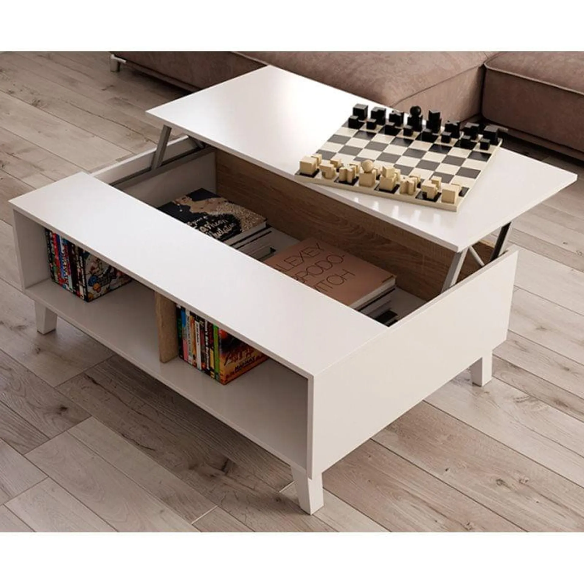 Mesa de centro elevable Zaiken Plus blanco /roble 38x100x68 cm