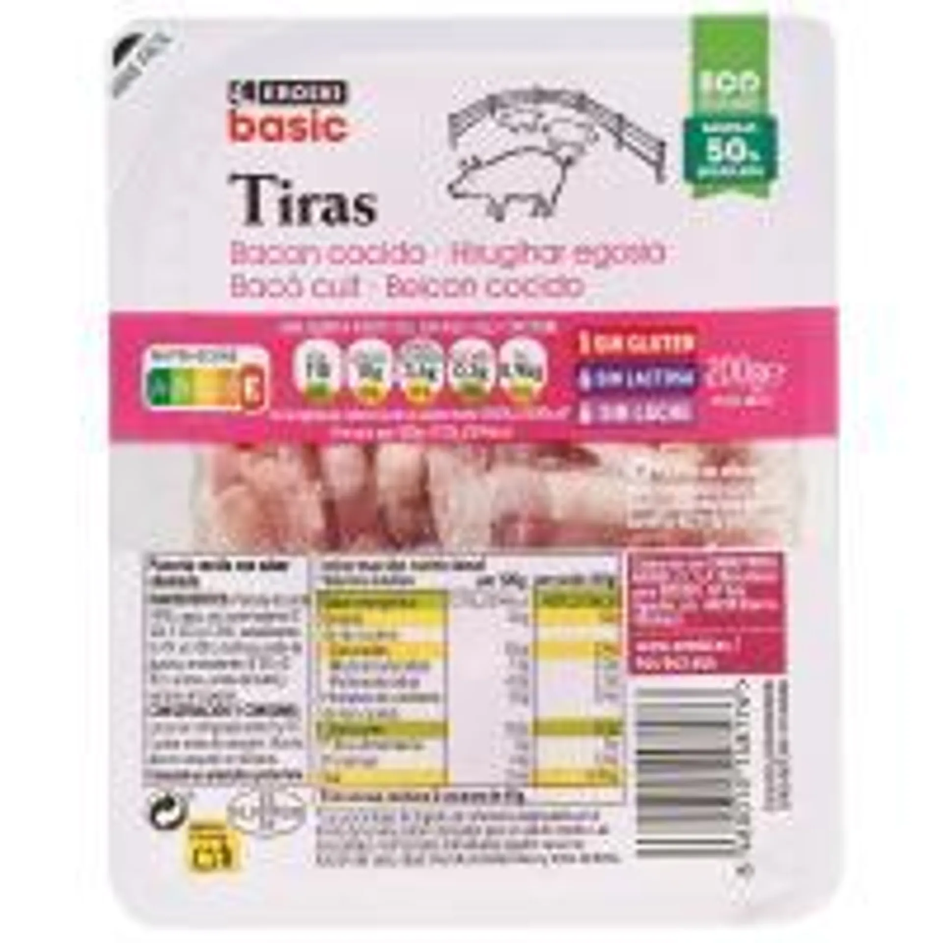 Tiras de bacón ahumado EROSKI basic, tarrina 200 g