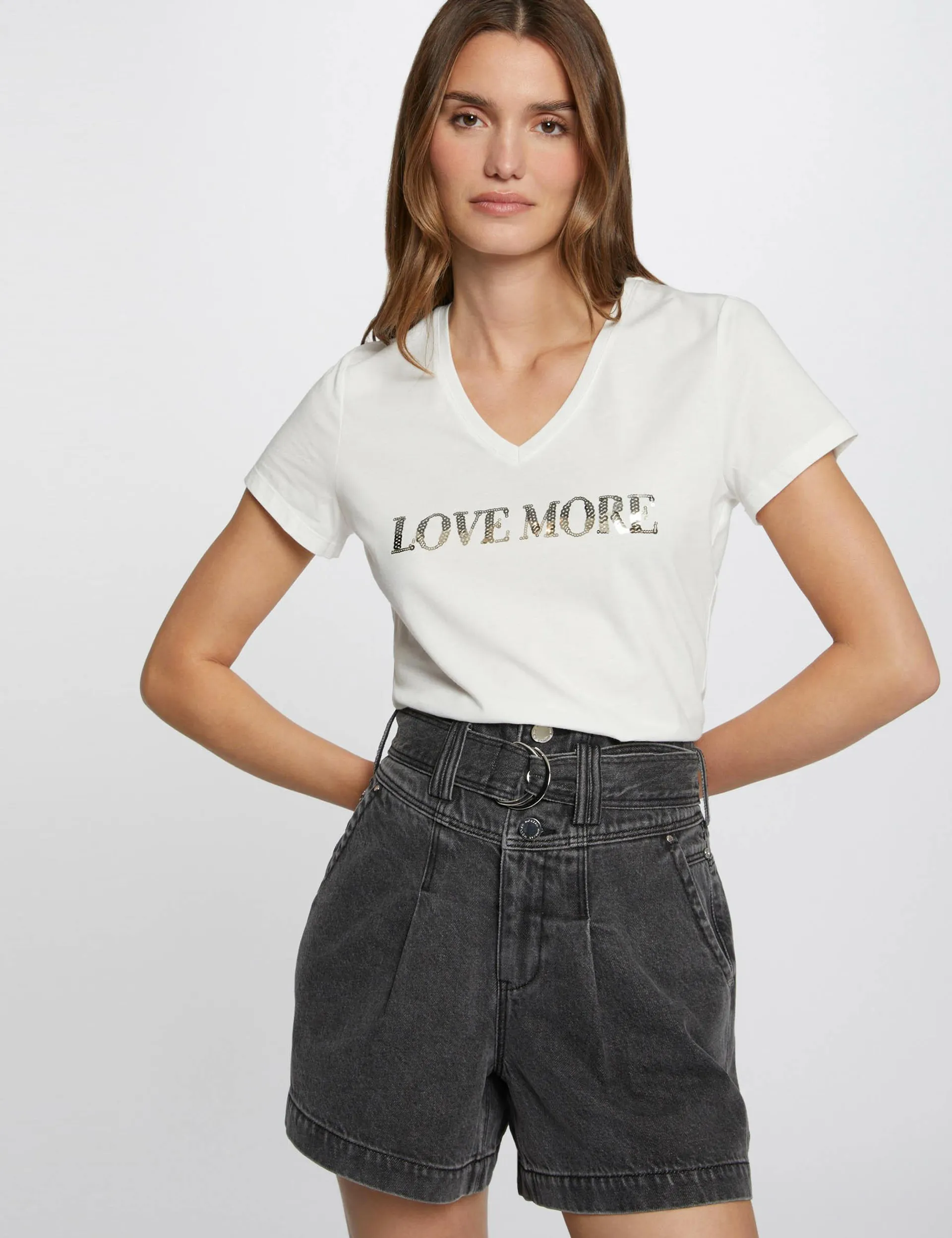 Camiseta mensaje y lentejuelas crudo mujer