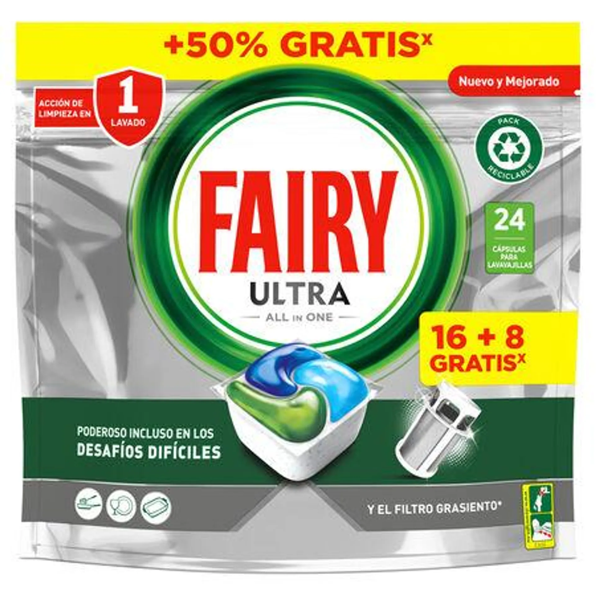 Detergente lavavajillas cápsulas Fairy 16+8 unidades Ultra