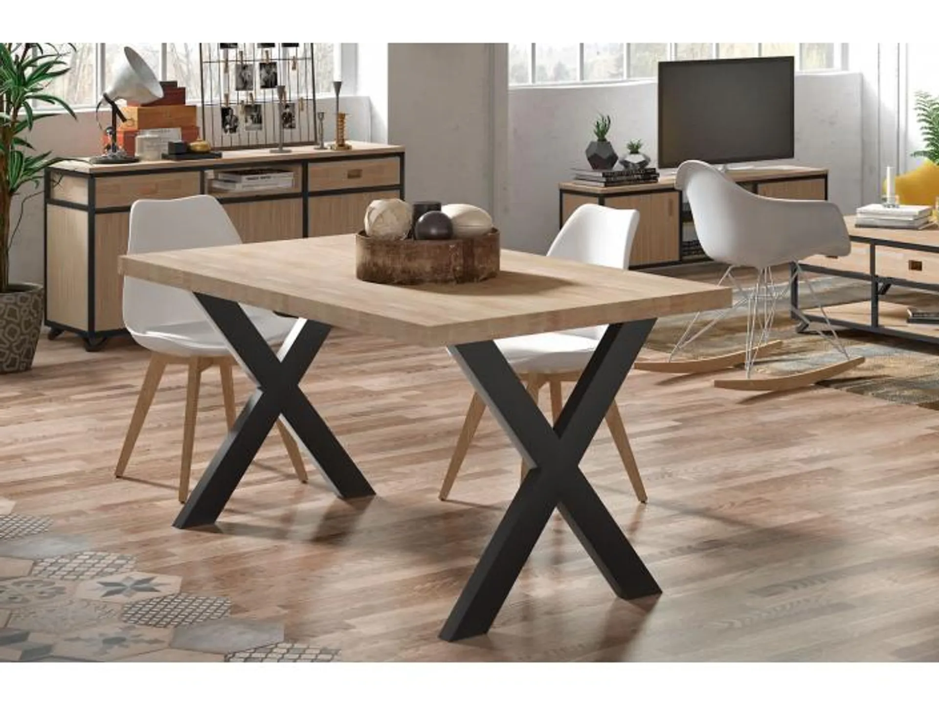 Mesa de comedor fija de 160 cm patas en X color roble-negro