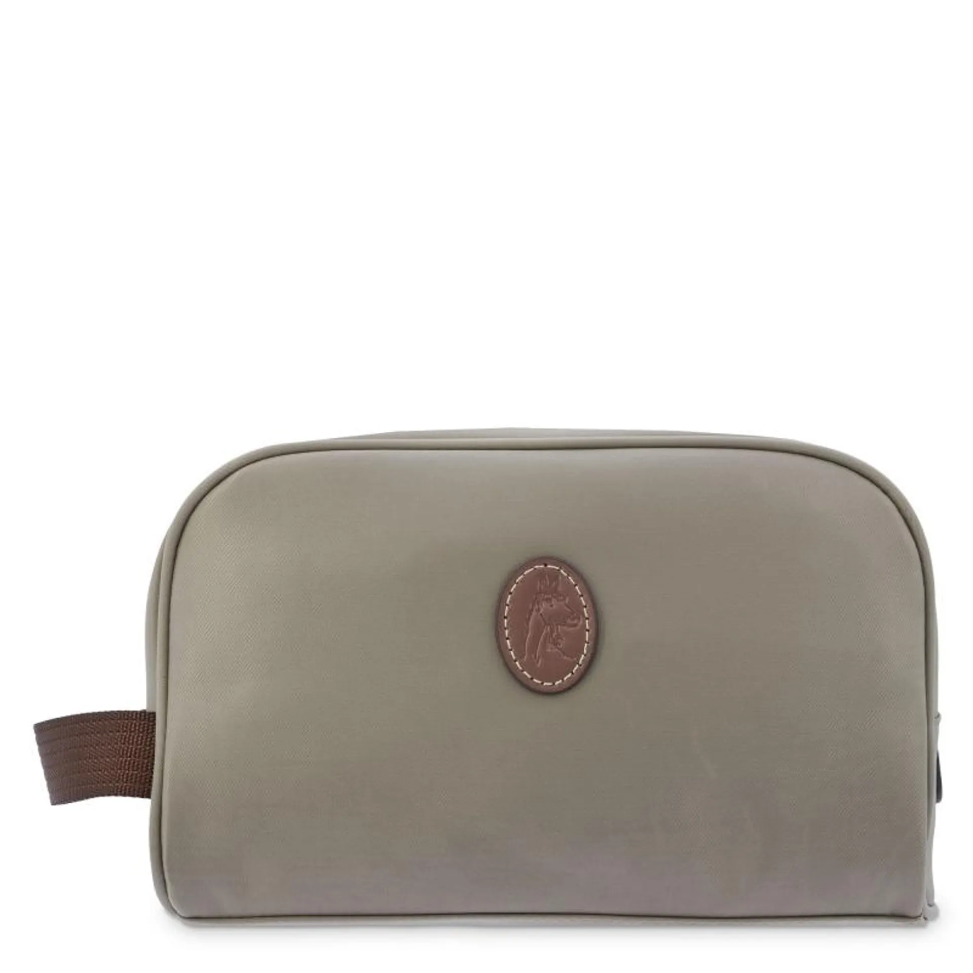 Bolsa de aseo unisex en lona taupe y piel vacuno color cuero-Paris