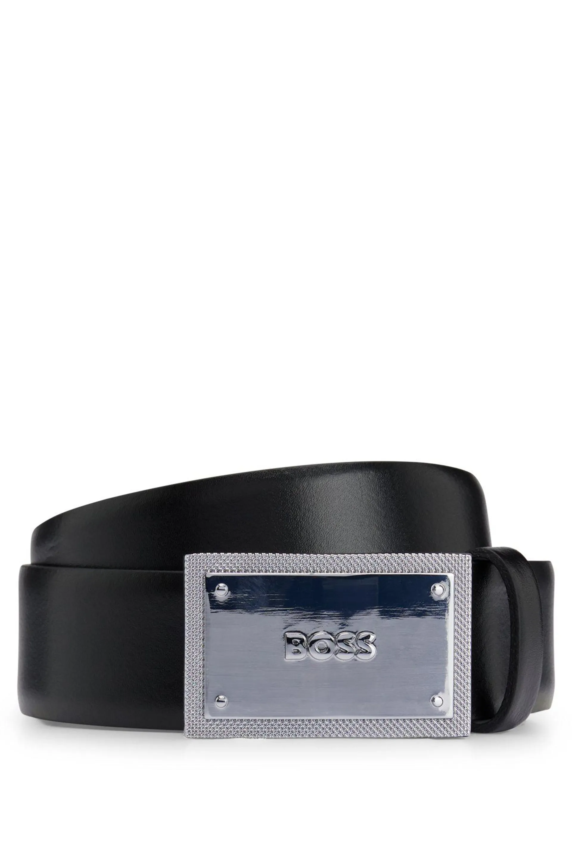 Cinturón de piel italiana con hebilla con placa de la marca