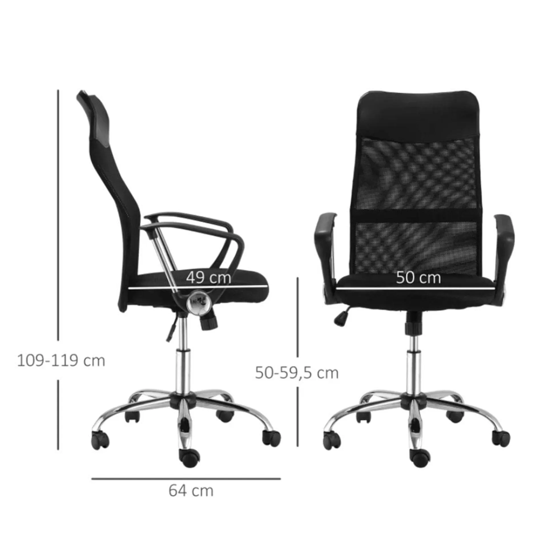 Silla de oficina Homcom ergonómica con respaldo alto 5 ruedas negro 109/119x50x64 cm