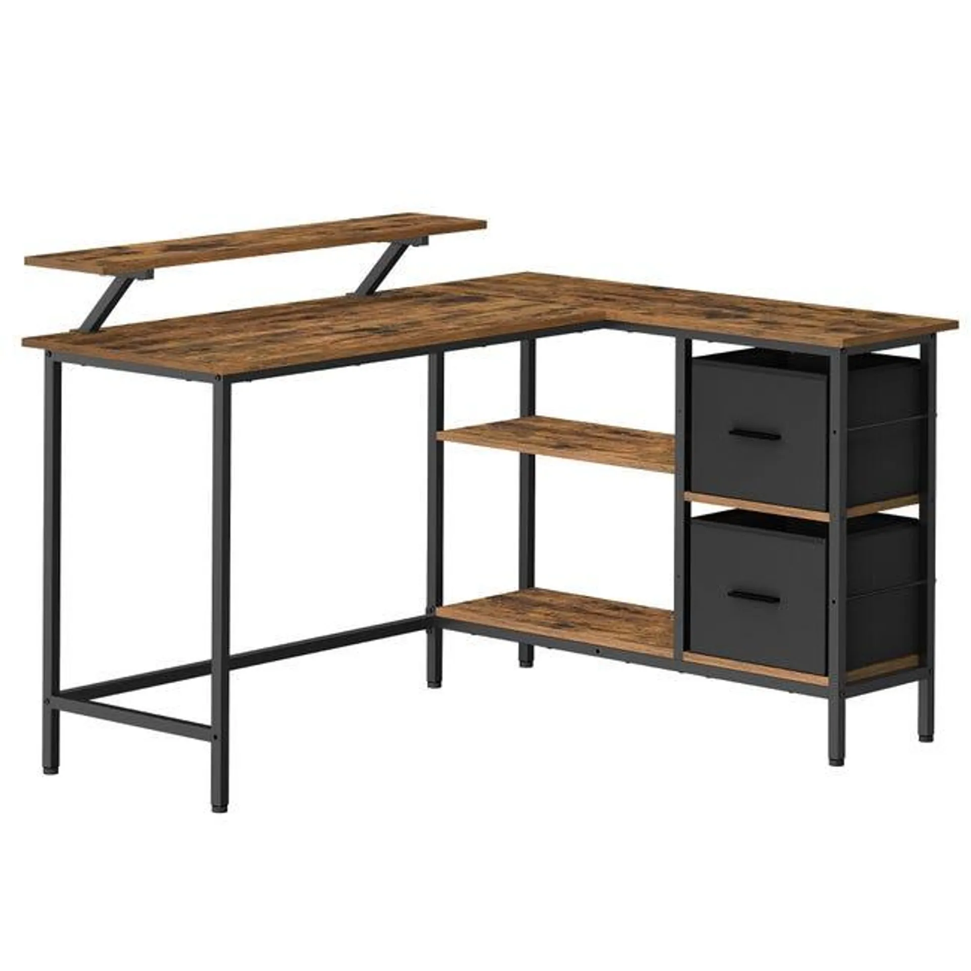 Escritorio con 2 cajones y soporte para monitor - escritorio de esquina con estante ajustable, para oficina y juegos, 105x135x89.5 cm, marrón rústico