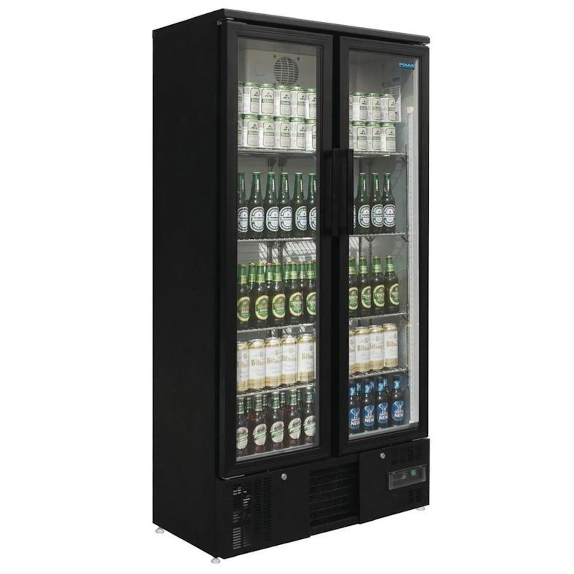 Frigorífico expositor para bebidas, negro, con 2 puertas de vidrio abatibles, con cerradura, Polar 490L GJ449