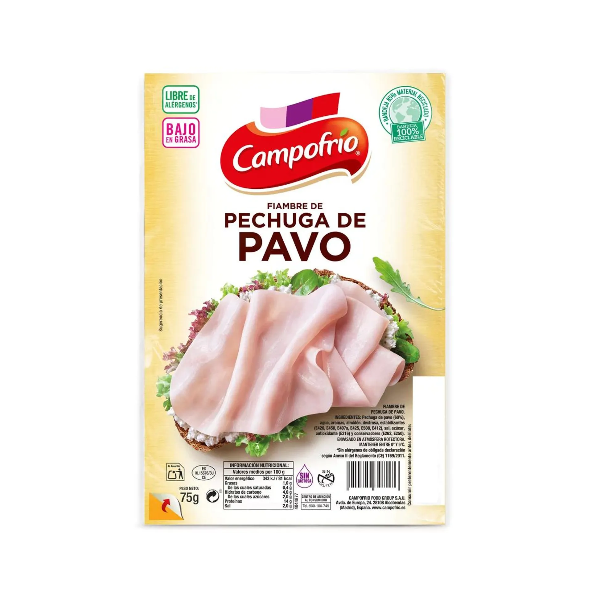 CAMPOFRÍO Pechuga de pavo cortada en lonchas 75 g.