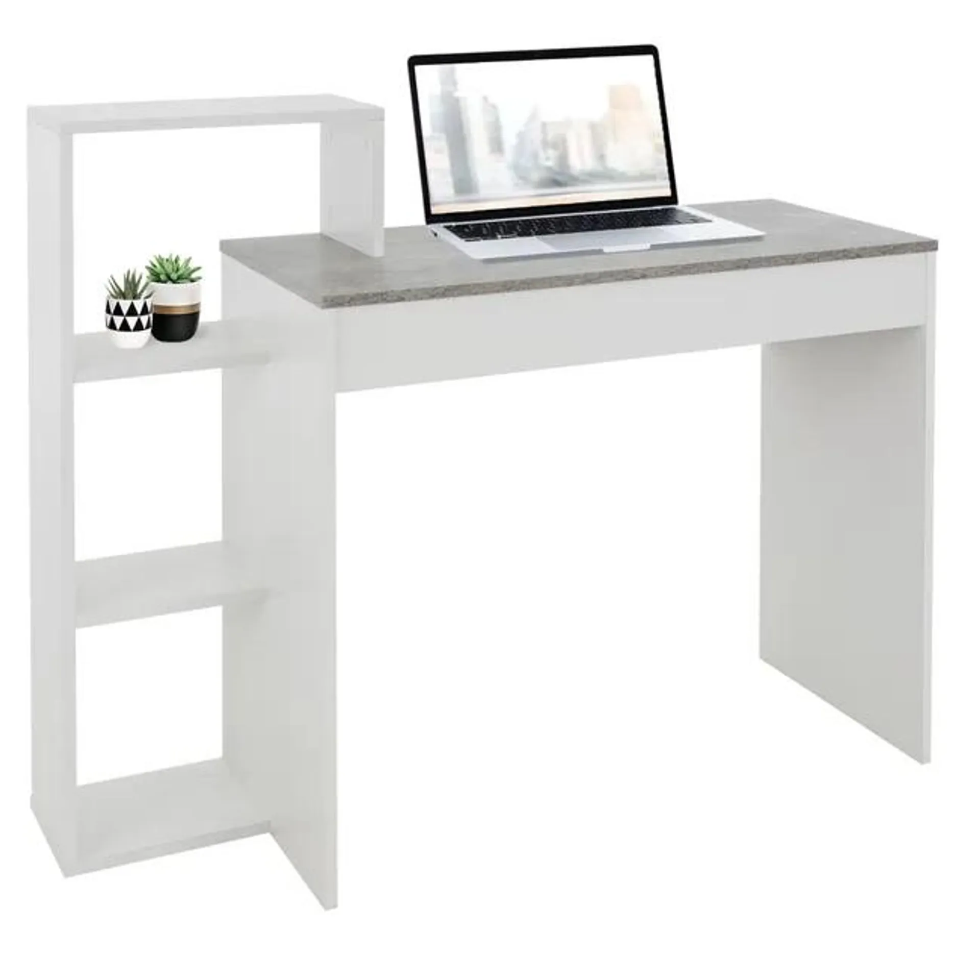 ML-Design Escritorio con Estantes Mesa de Trabajo para Oficina, Mesita de Ordenador PC Blanco con Tablero de Aspecto Cemento, 3 Baldas, 110x72x40 cm,