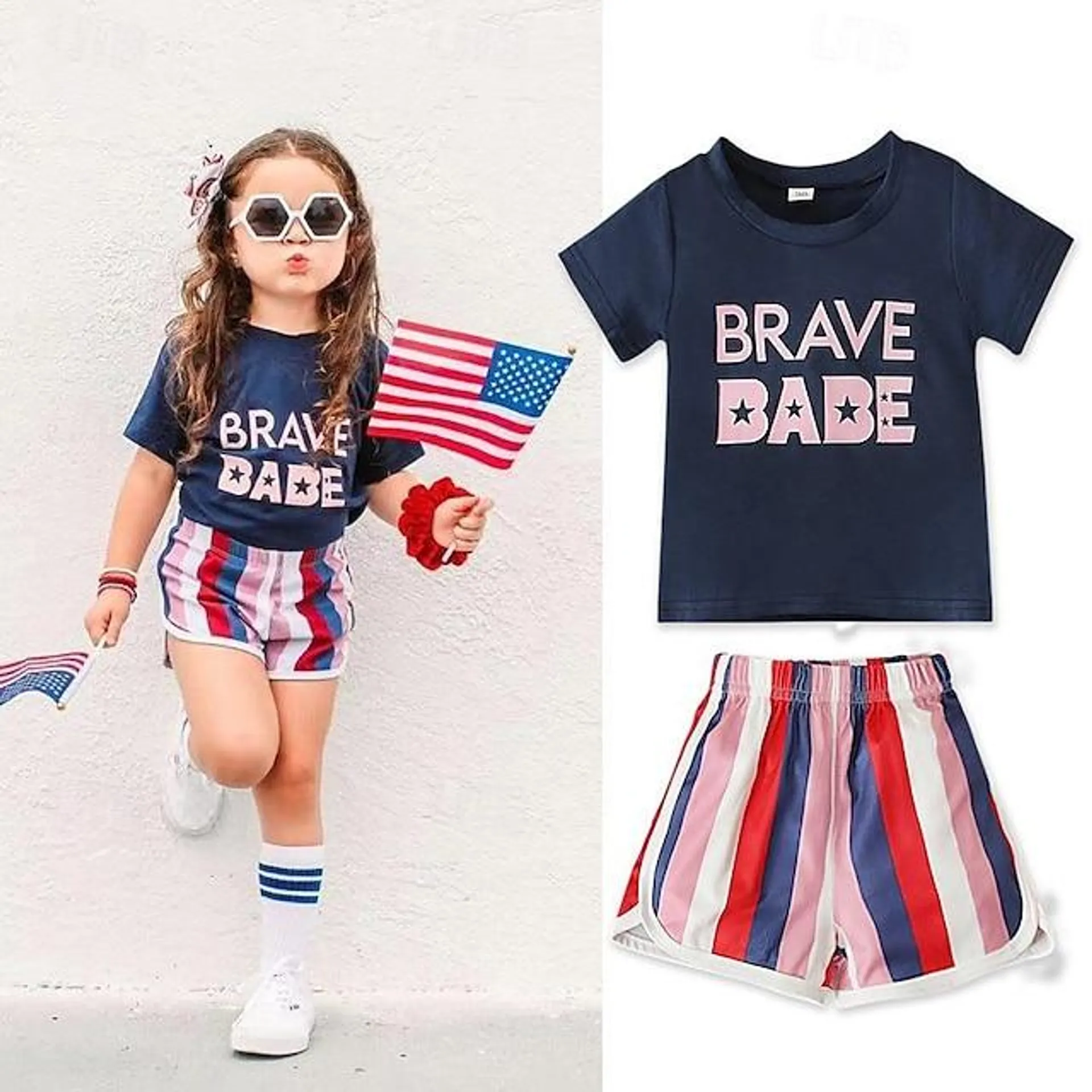 Camiseta del Día de la Independencia para niñas, top, pantalones cortos a rayas, dos piezas para niños, 4 de julio