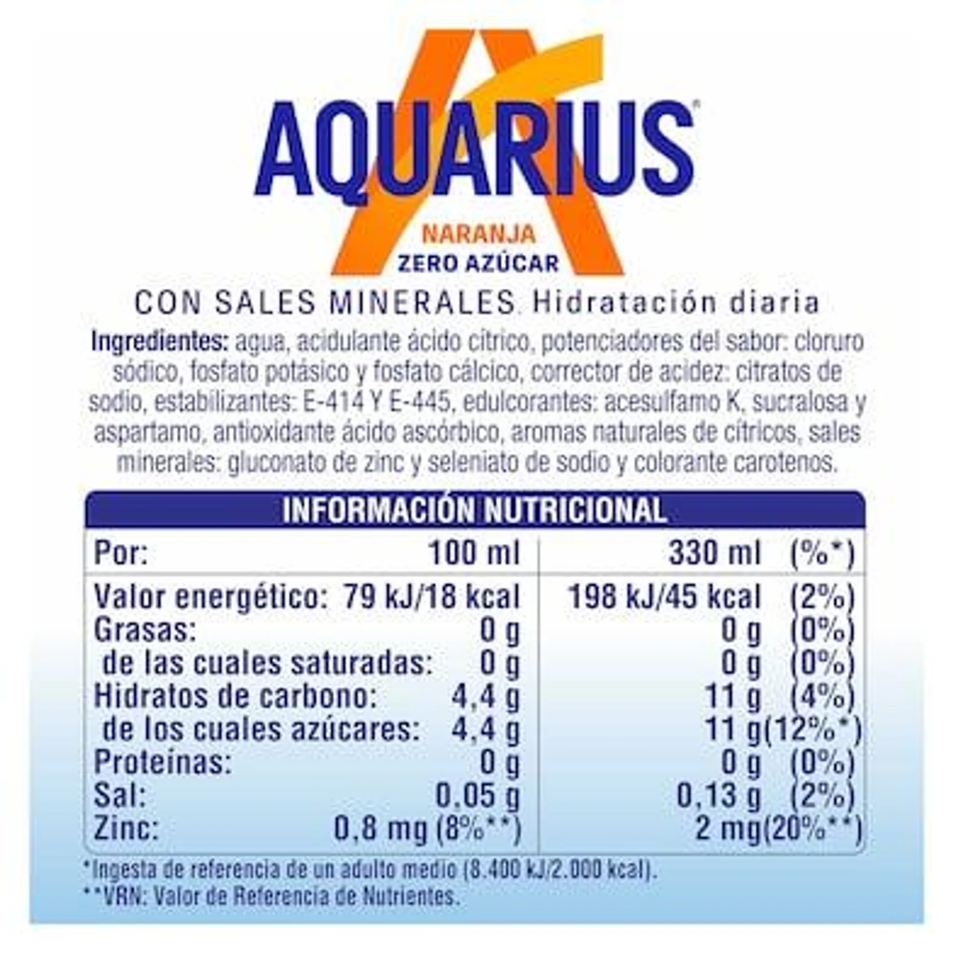 Bebida refrescante de naranja zero azúcar Aquarius lata 330 ml