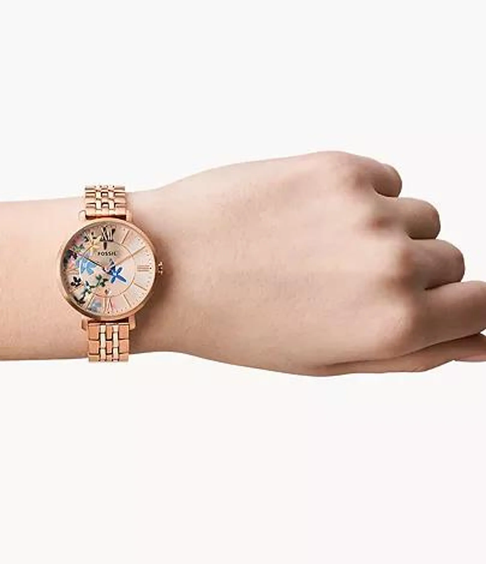 Reloj Jacqueline de acero inoxidable en tono oro rosa con tres agujas y fecha