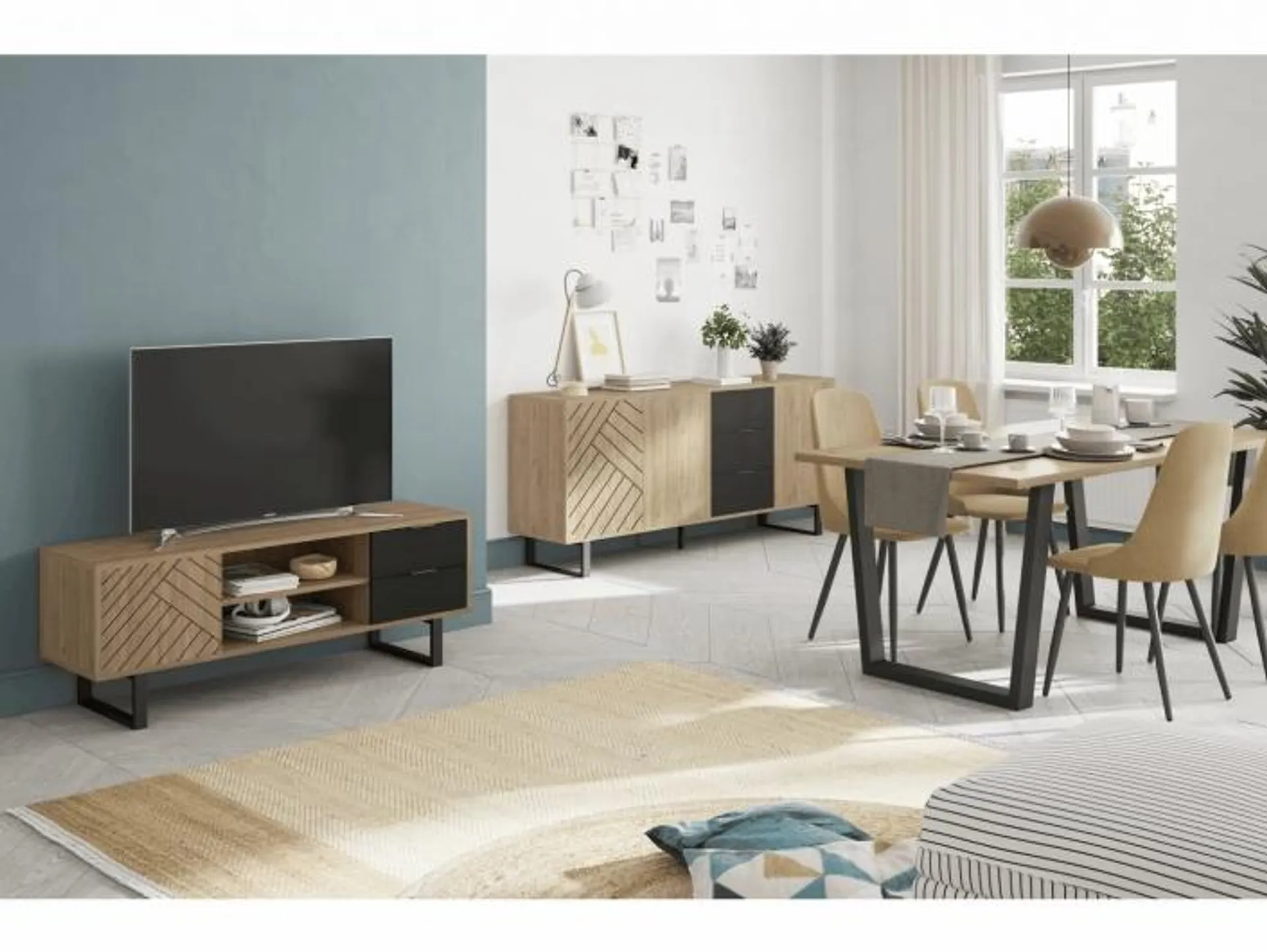 Mueble Tv con puerta, huecos y cajones color sepet-negro