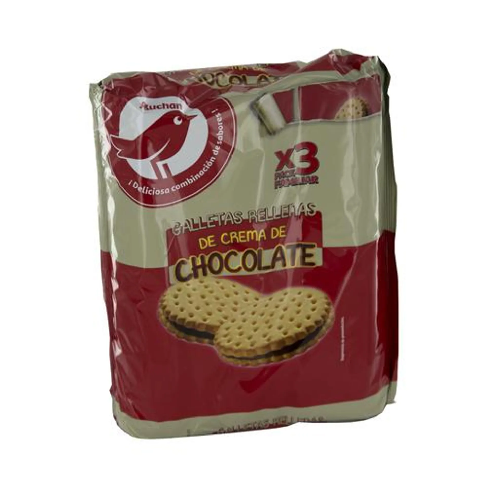 PRODUCTO ALCAMPO Galletas rellenas de chocolate pack de 3 paquetes de 250 g.