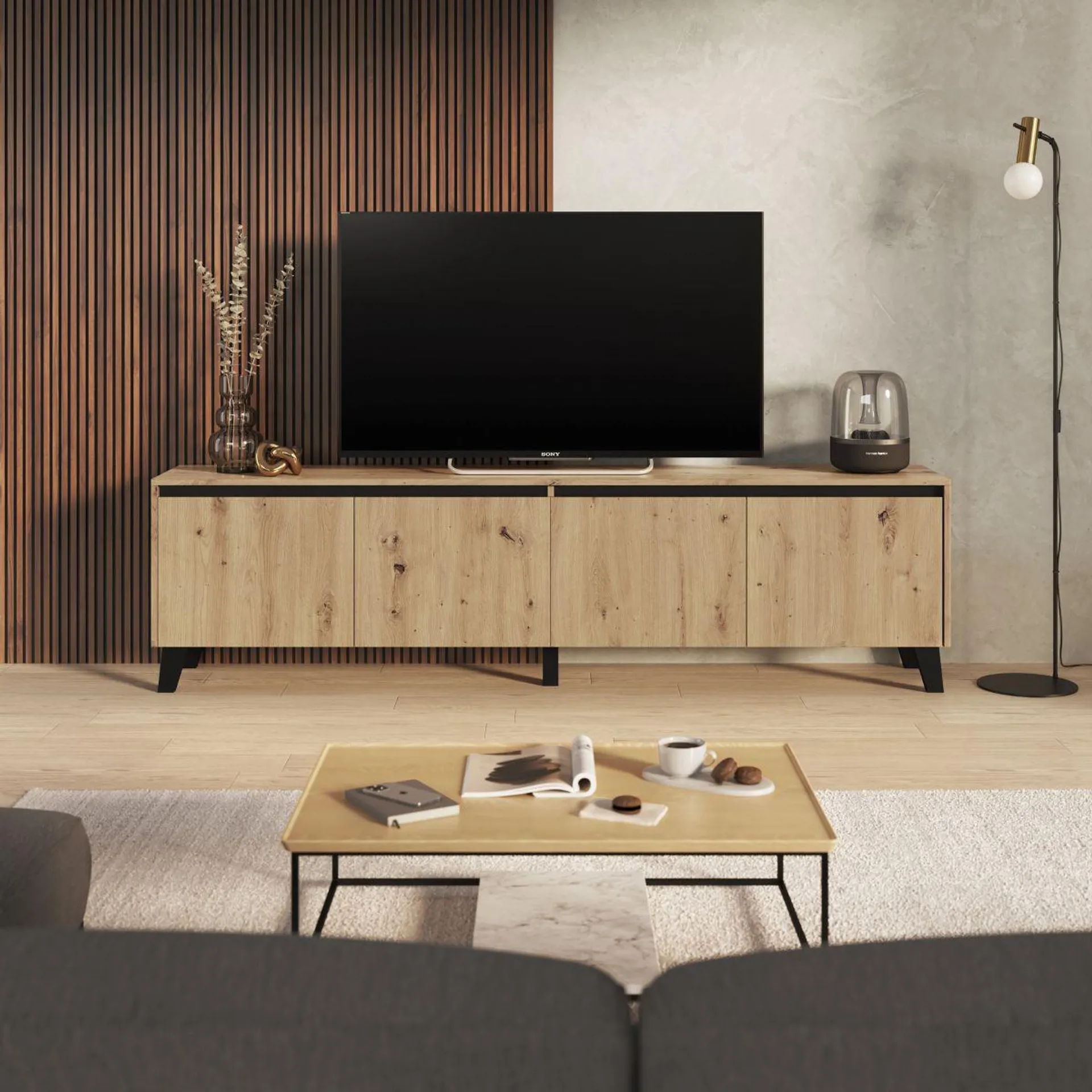 Mueble de TV Artisan 4 puertas natural/negro 40x200x34 cm