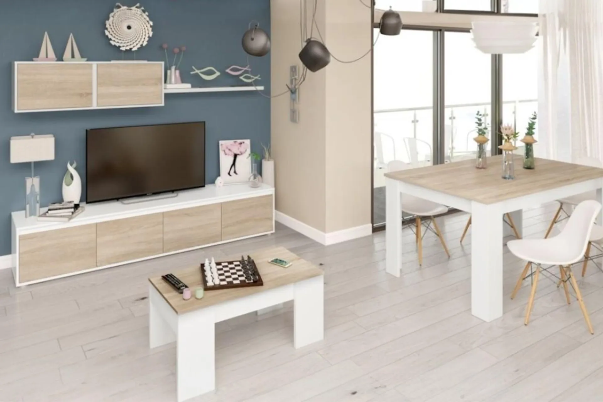 Pack de muebles de salón nórdicos blanco y roble