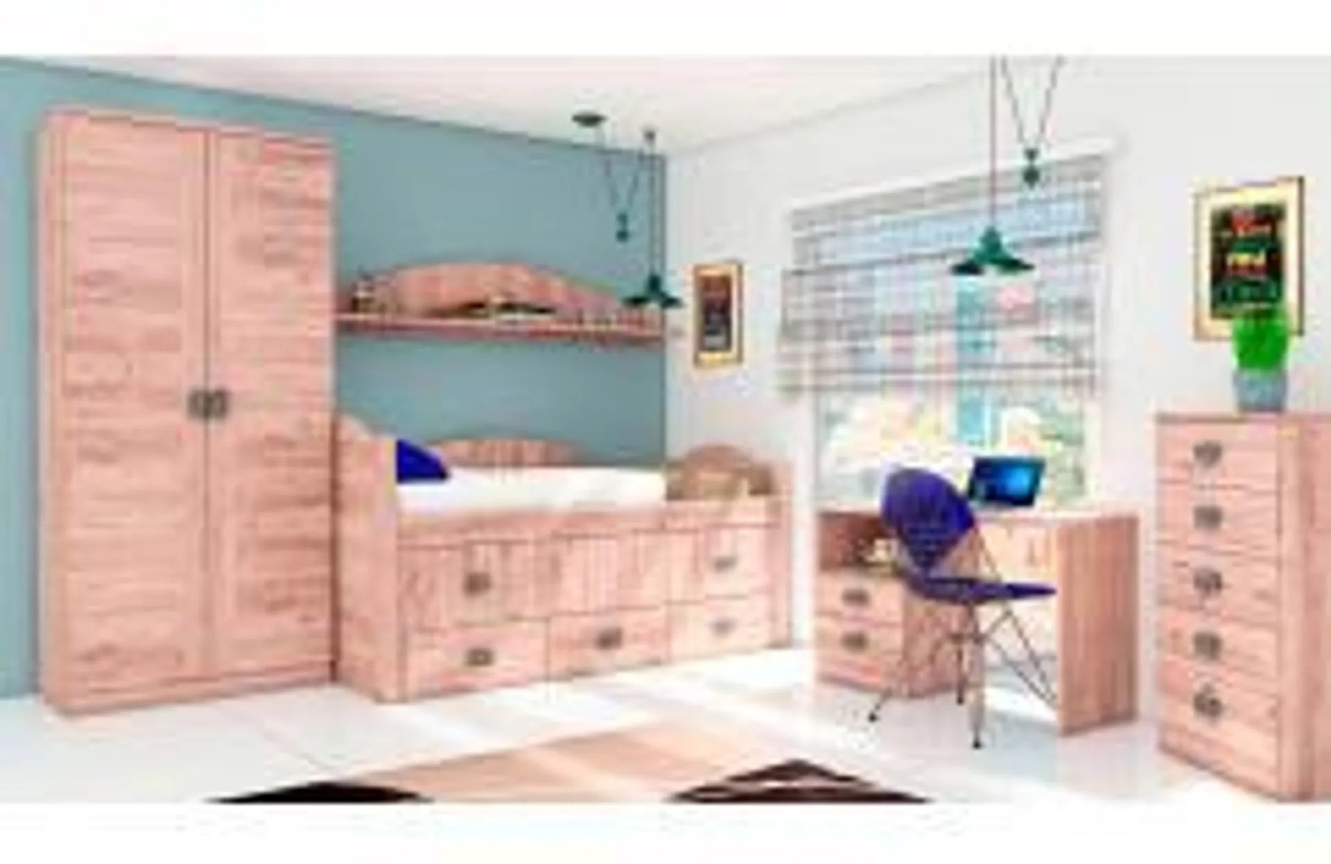 Dormitorio juvenil en color roble con cama compacta