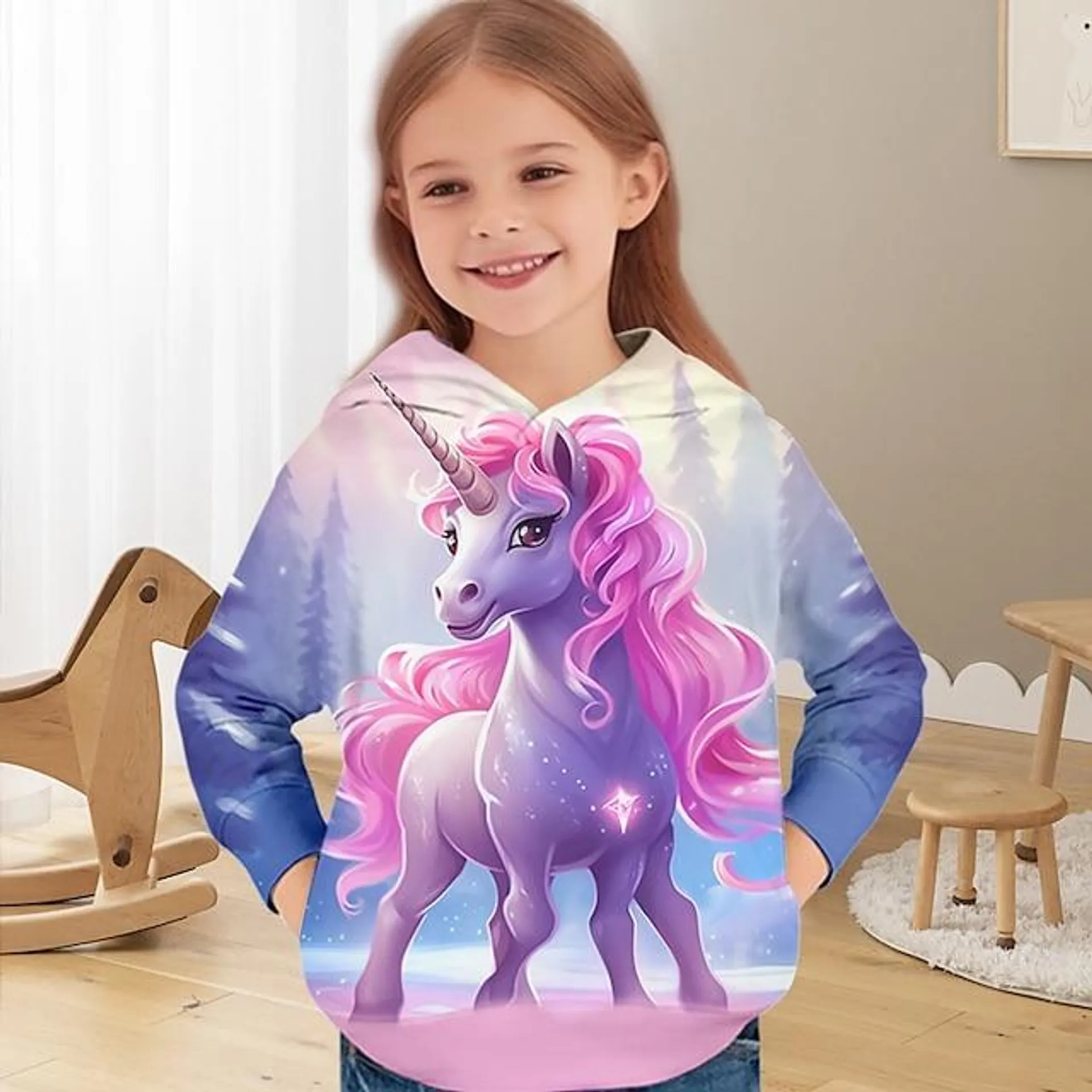 Chica 3D Unicornio Sudadera Pullover Manga Larga Impresión 3D Otoño Invierno Activo Moda Estilo lindo Poliéster Niños 3-12 años Exterior Casual Diario Ajuste regular