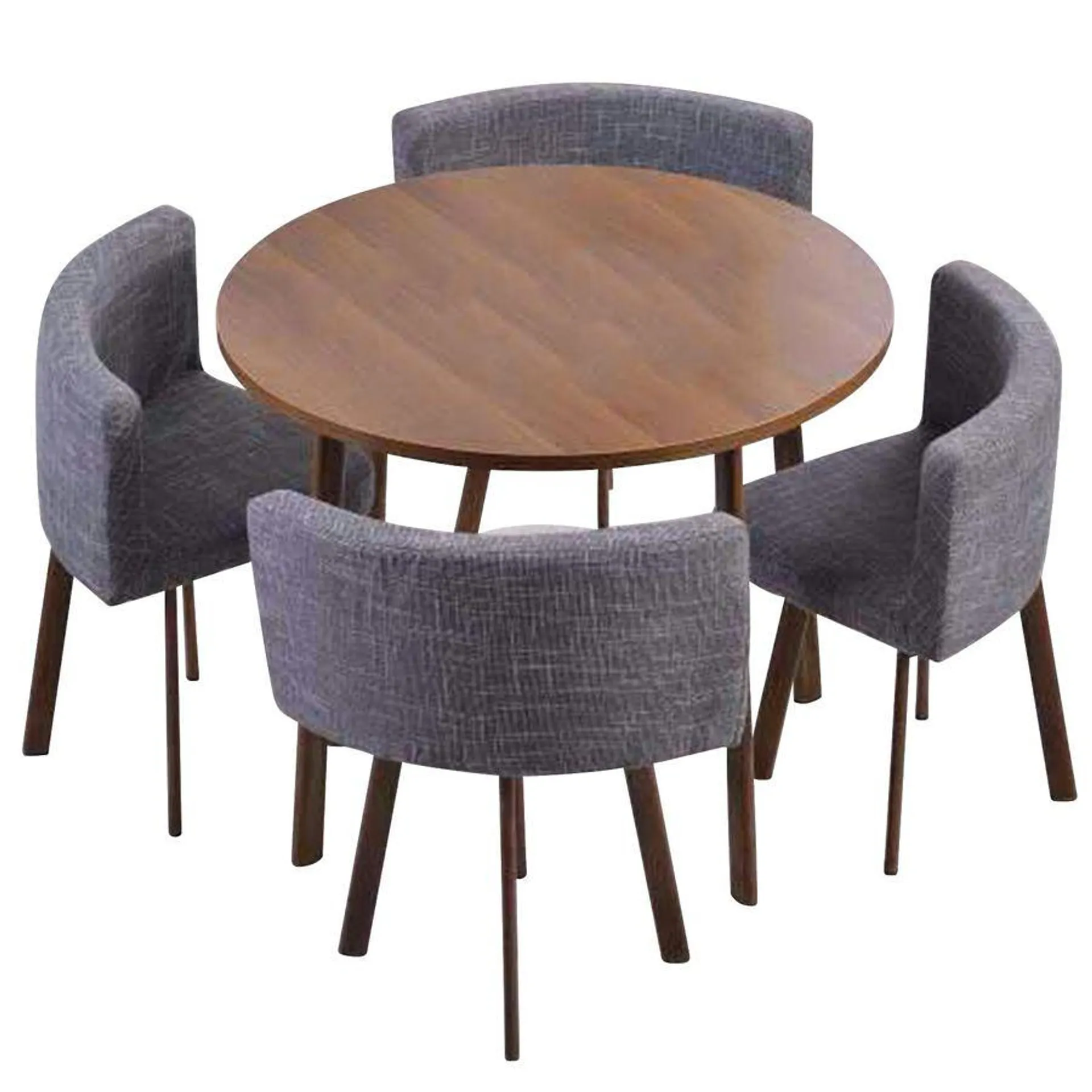 Mesa redonda con 4 sillas Roble oscuro con tela gris patas metal efecto madera oscura