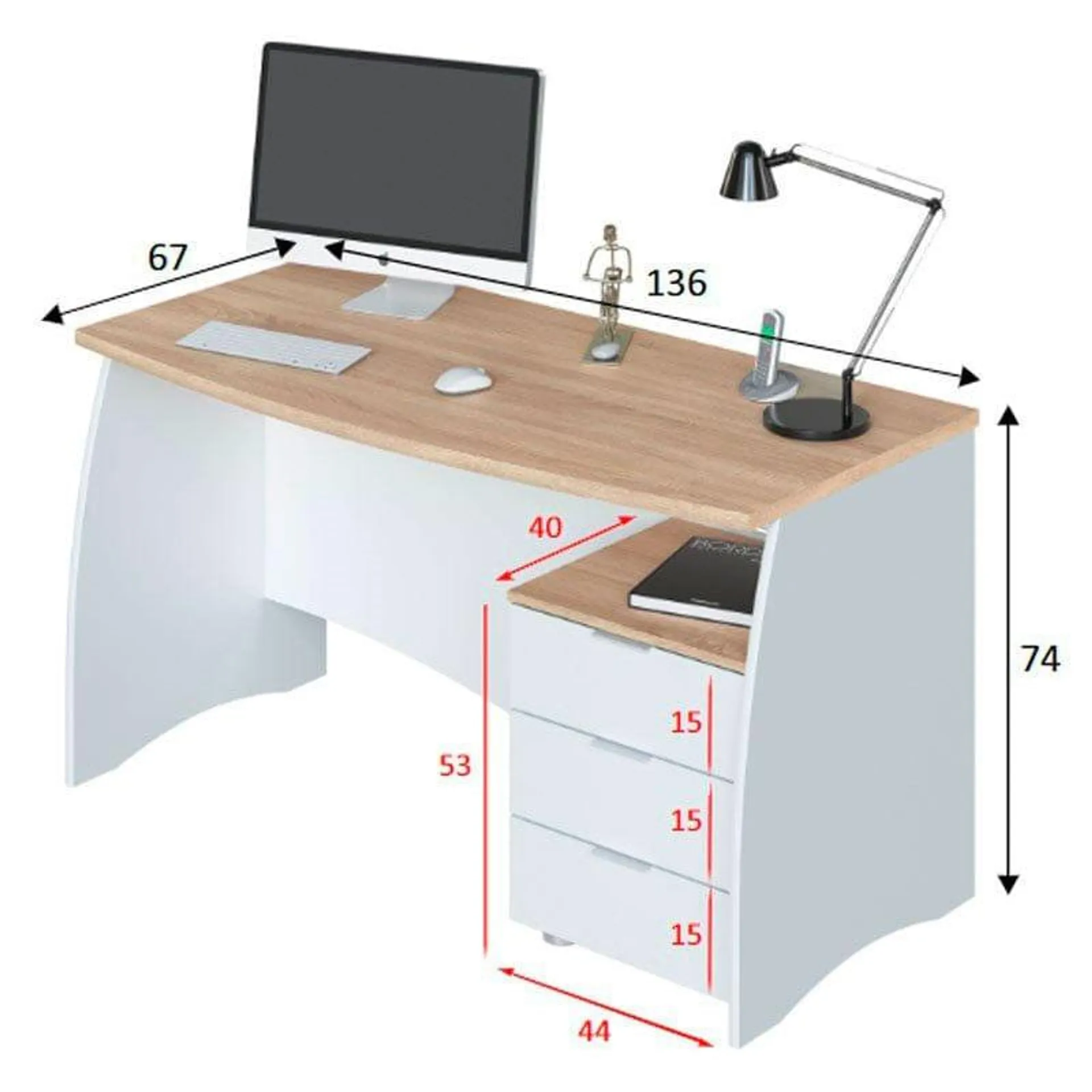 Mesa de escritorio Argón con cajonera blanco artik/roble 74x136x67 cm