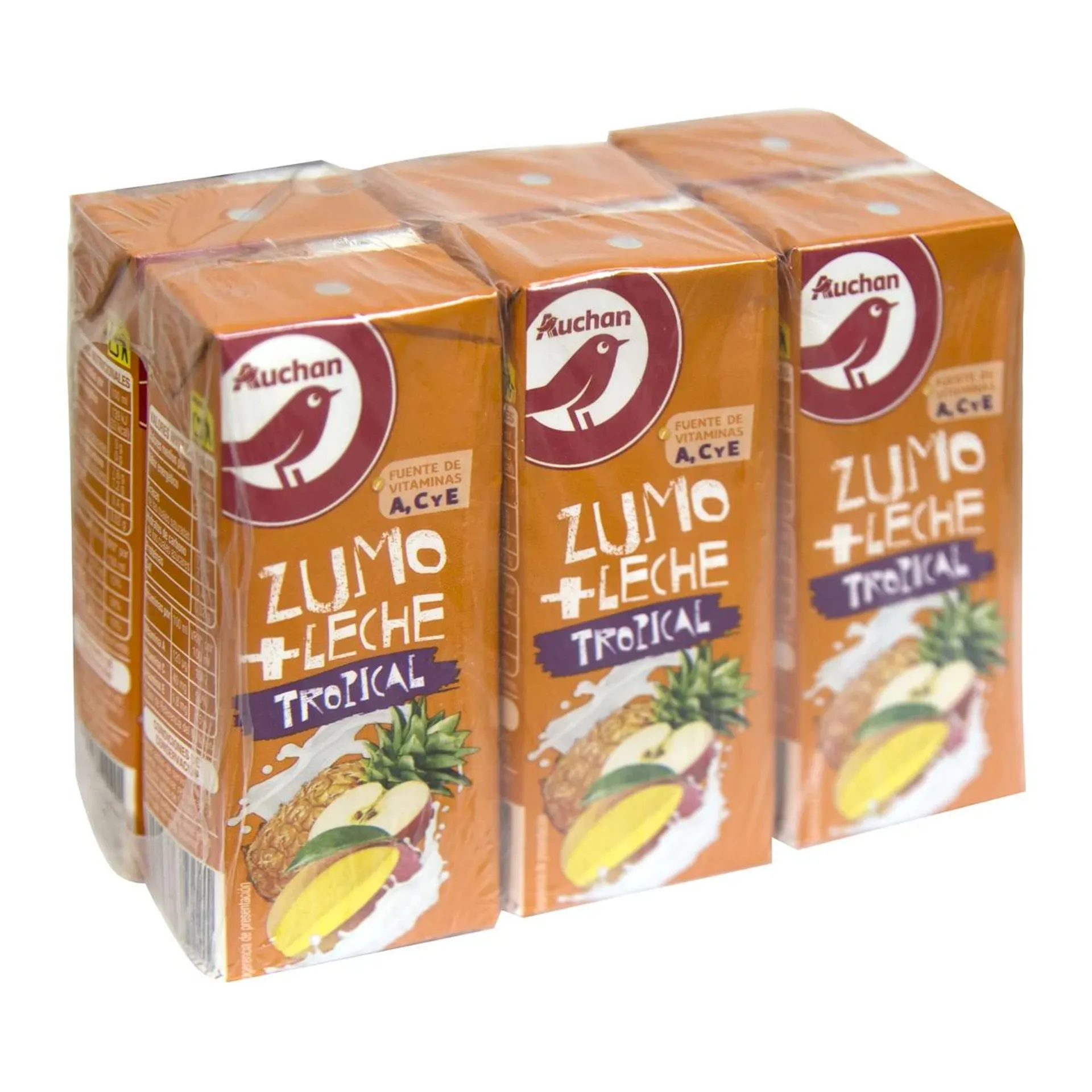 AUCHAN Leche y zumo de frutas tropicales (piña, manzana, mango) 6 x 200 ml. Producto Alcampo